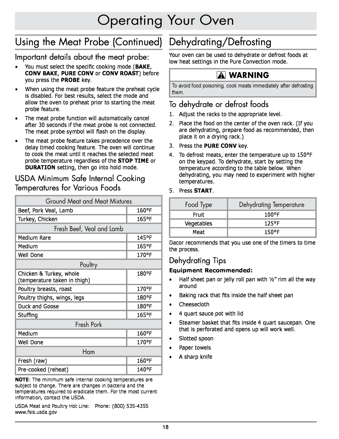 Sears EORD230 manual Using the Meat Probe Continued Dehydrating/Defrosting, Important details about the meat probe, Poultry 