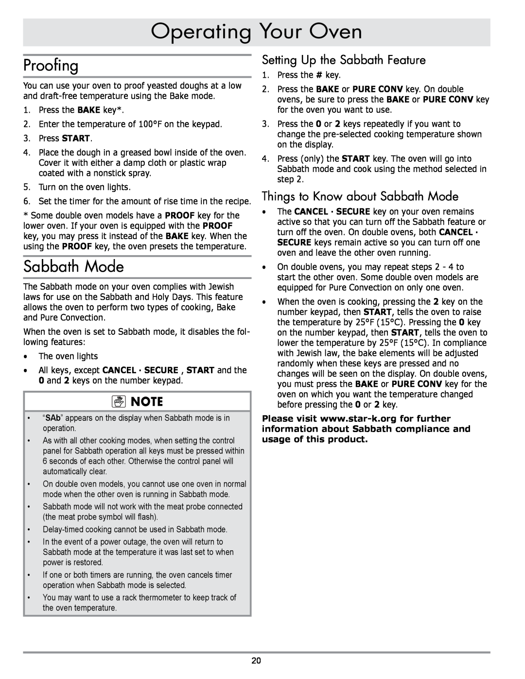 Sears EORD230 manual Proofing, Setting Up the Sabbath Feature, Things to Know about Sabbath Mode, Operating Your Oven 
