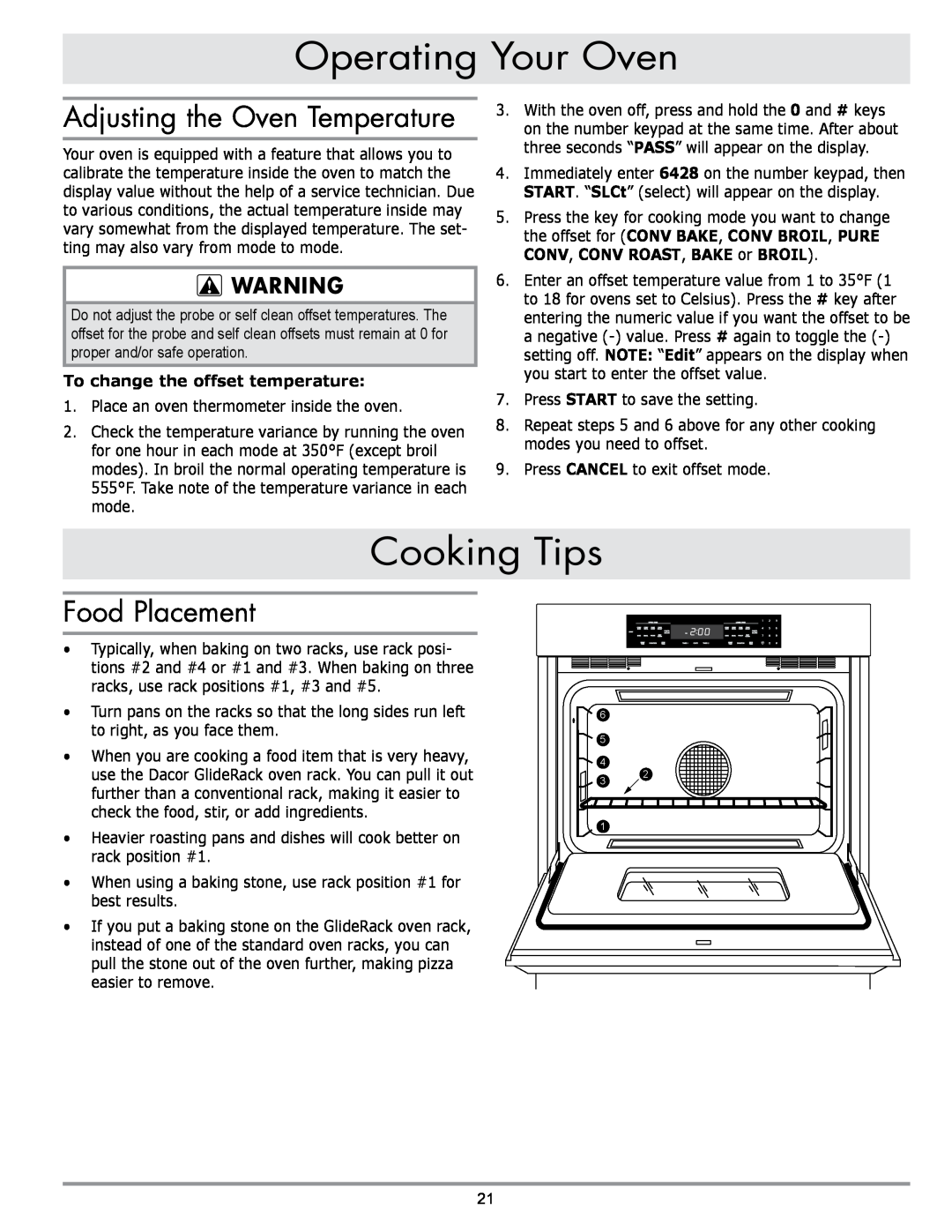 Sears EORD230 manual Cooking Tips, Adjusting the Oven Temperature, Food Placement, To change the offset temperature 