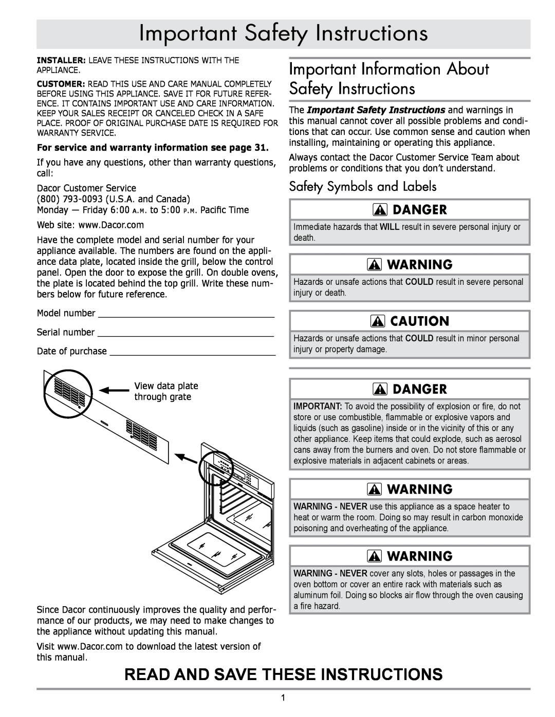Sears EORD230 Important Safety Instructions, Important Information About Safety Instructions, Safety Symbols and Labels 