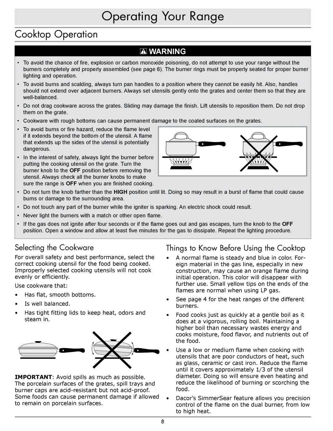 Sears ER30GI Operating Your Range, Cooktop Operation, Selecting the Cookware, Things to Know Before Using the Cooktop 