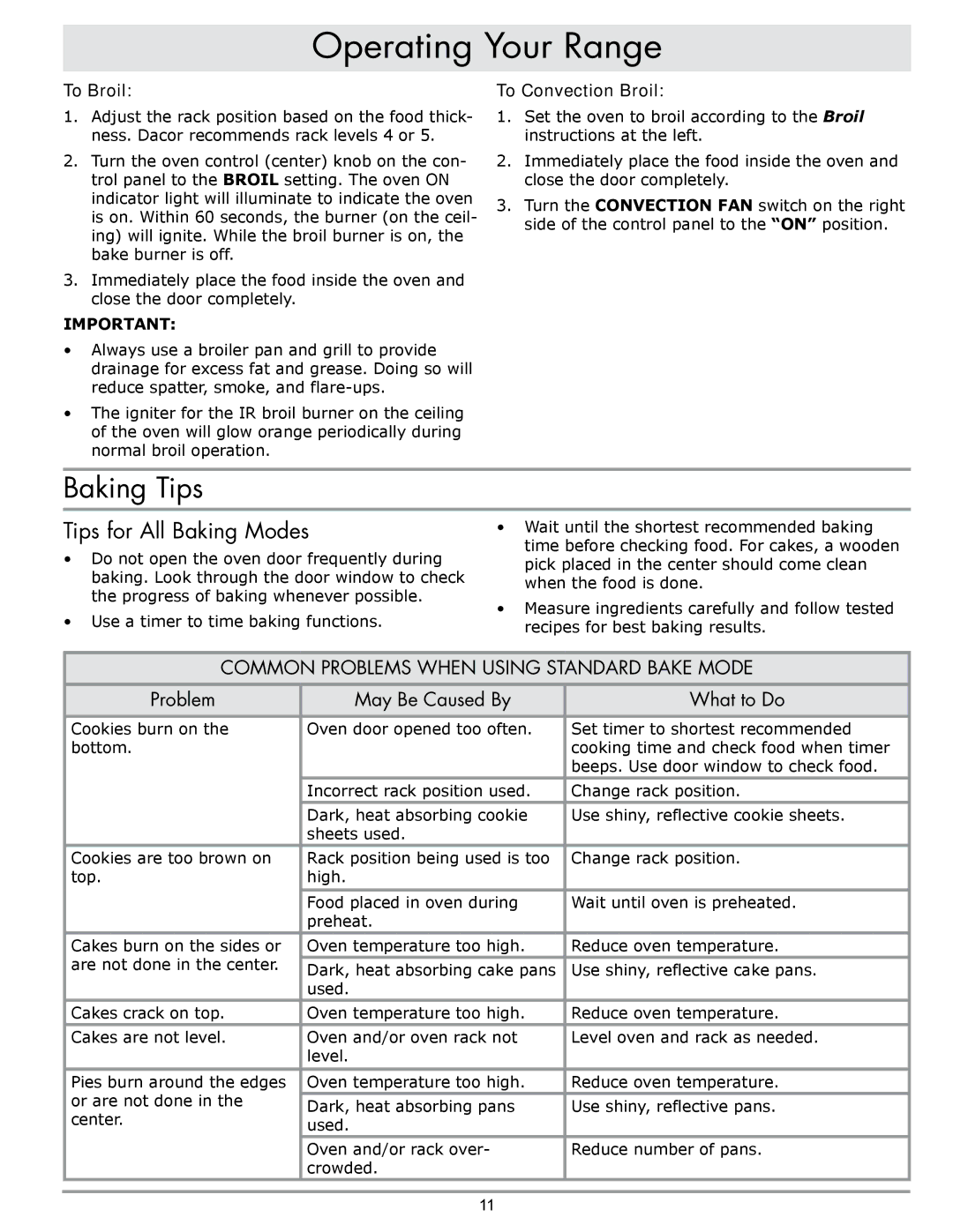 Sears ER30G Baking Tips, Tips for All Baking Modes, Problem May Be Caused By What to Do, To Broil, To Convection Broil 