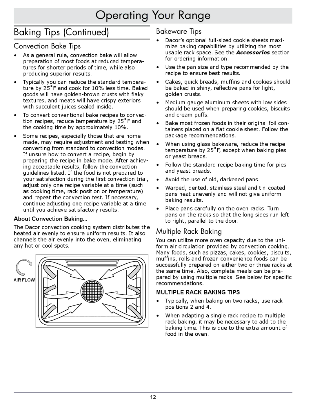 Sears ER30GI manual Convection Bake Tips, Bakeware Tips, Multiple Rack Baking, About Convection Baking 