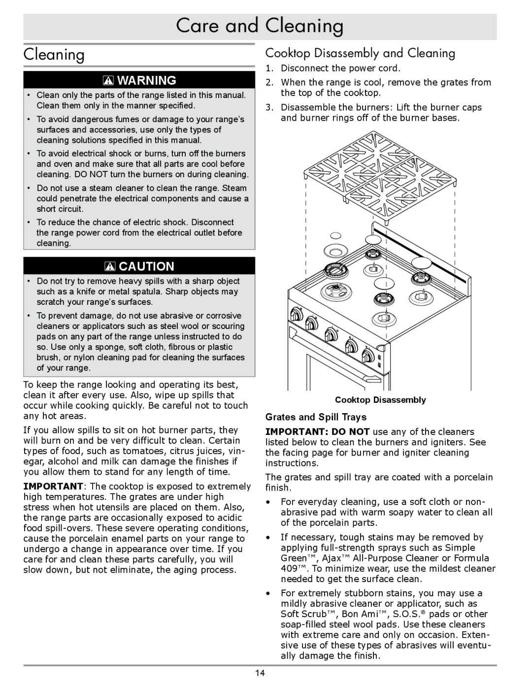 Sears ER30GI manual Care and Cleaning, Cooktop Disassembly and Cleaning, Grates and Spill Trays 