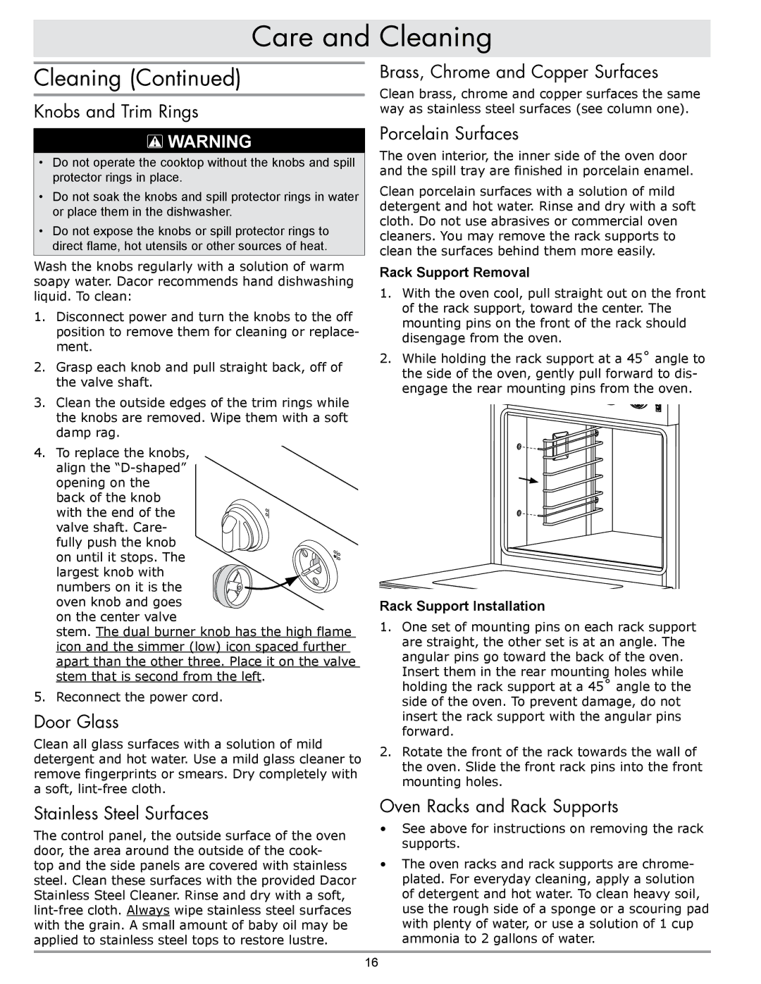 Sears ER30GI manual Knobs and Trim Rings, Door Glass, Stainless Steel Surfaces, Brass, Chrome and Copper Surfaces 