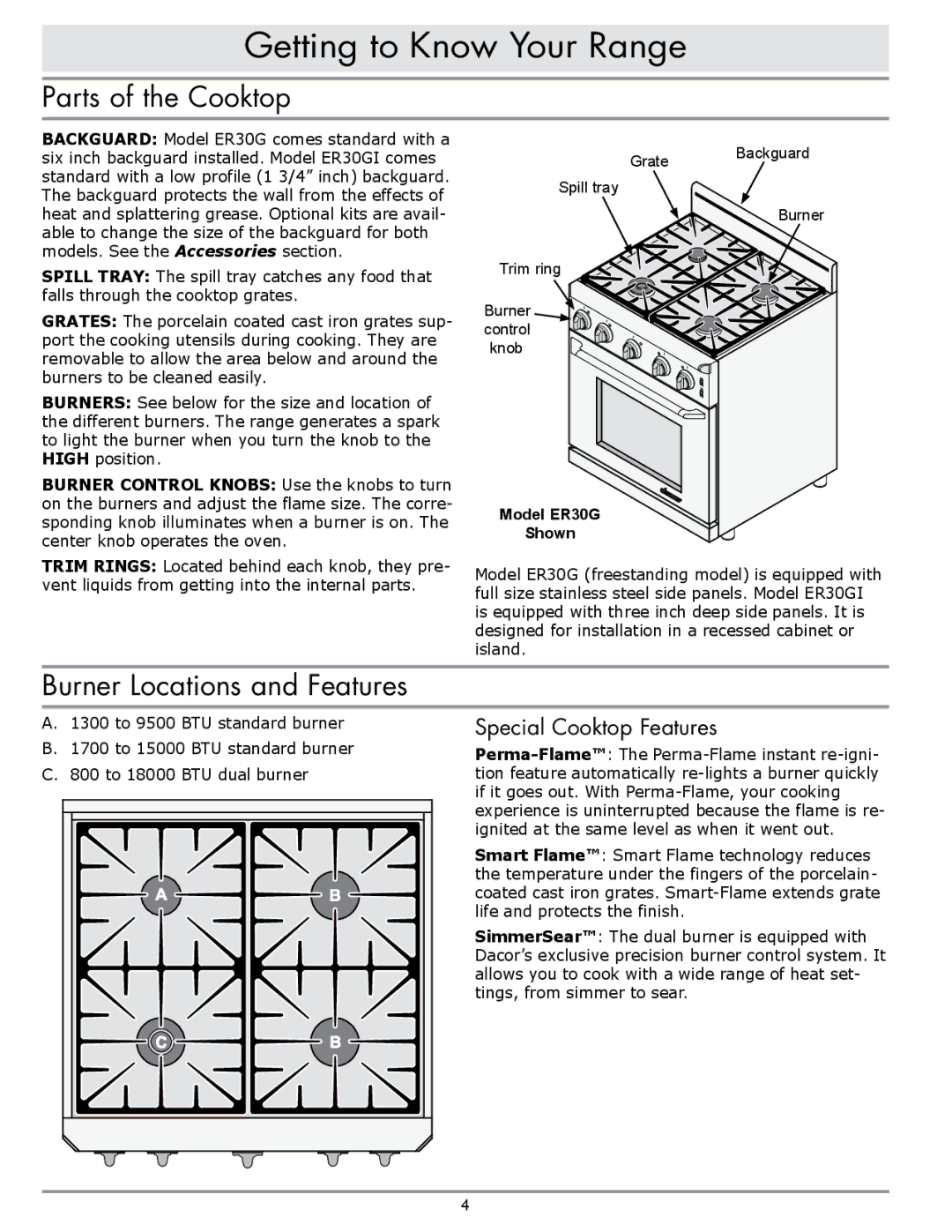 Sears ER30GI Getting to Know Your Range, Parts of the Cooktop, Burner Locations and Features, Special Cooktop Features 