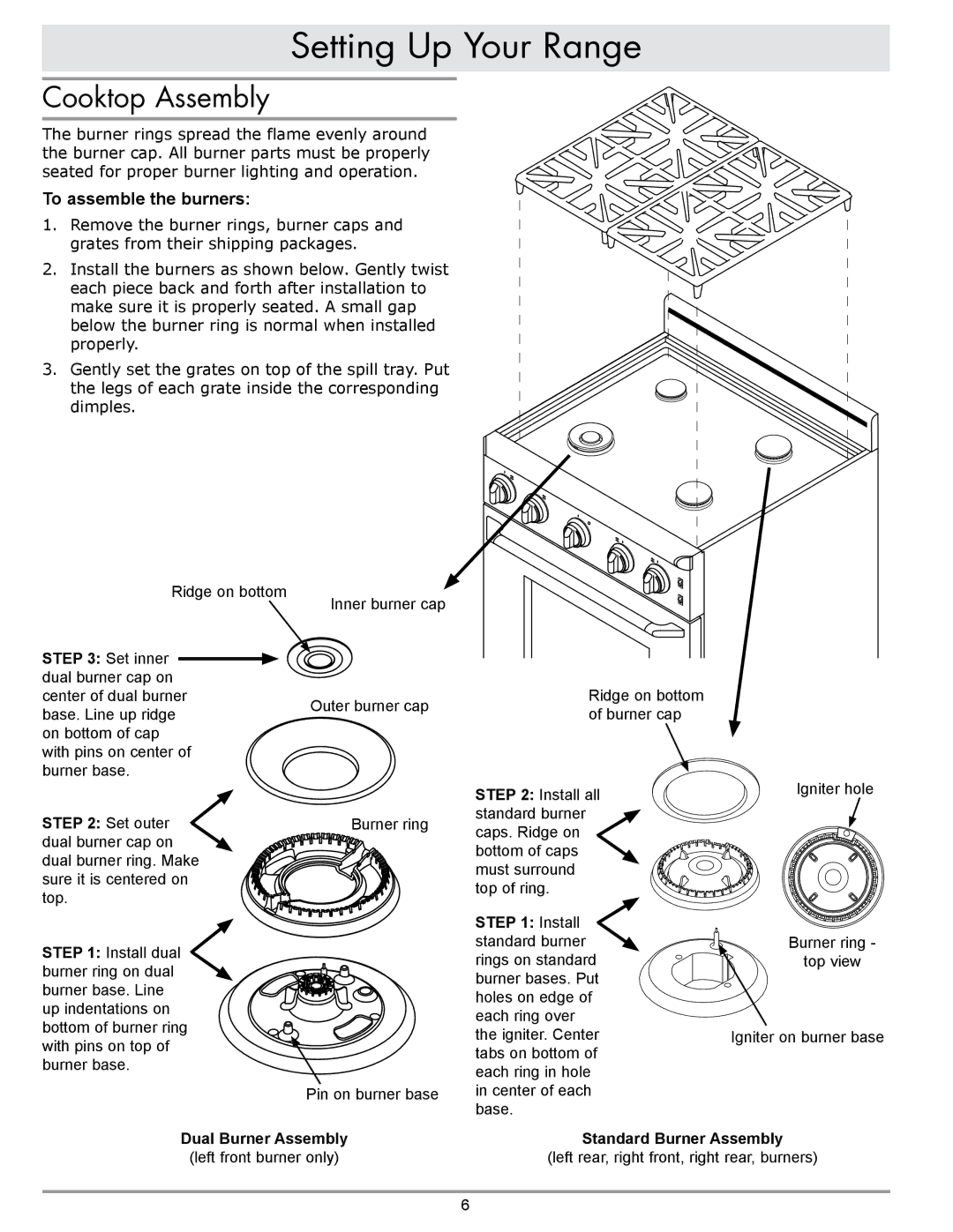 Sears ER30GI manual Setting Up Your Range, Cooktop Assembly, To assemble the burners 