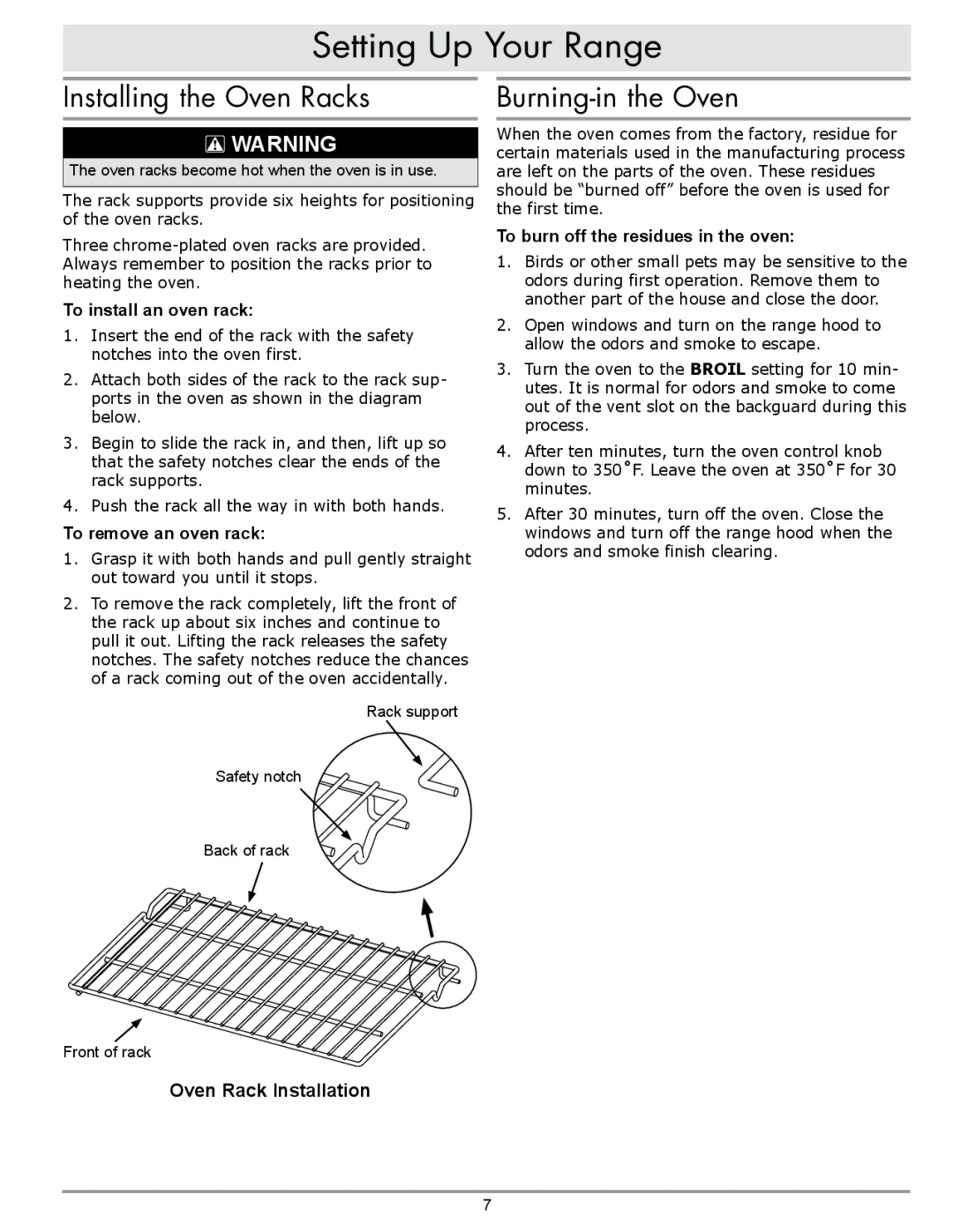 Sears ER30GI manual Installing the Oven Racks, Burning-in the Oven, To install an oven rack, To remove an oven rack 