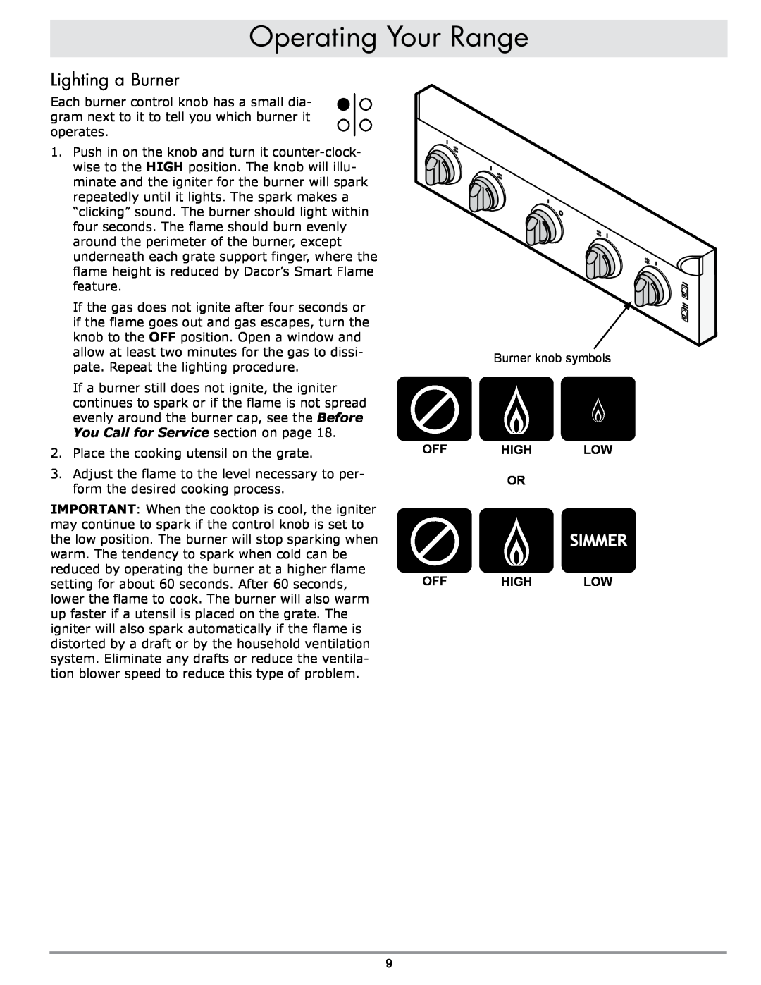 Sears ER30GI manual Lighting a Burner, Off High Low Or Off High Low, Operating Your Range 