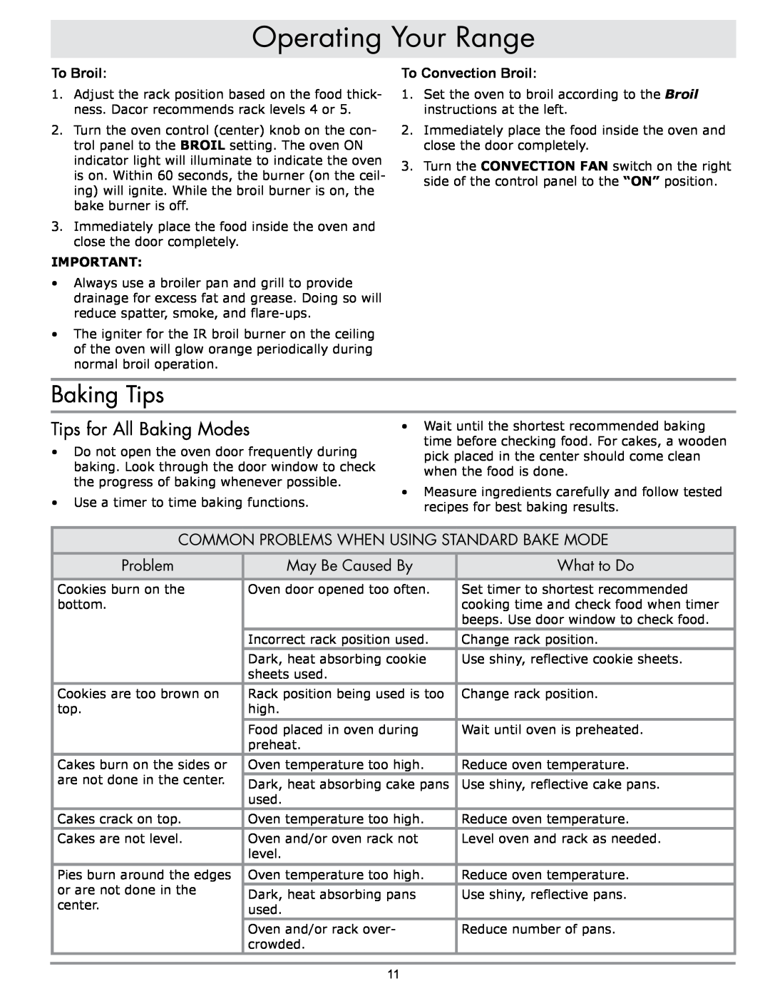 Sears ER30G manual Baking Tips, Tips for All Baking Modes, Common Problems When Using Standard Bake Mode, May Be Caused By 