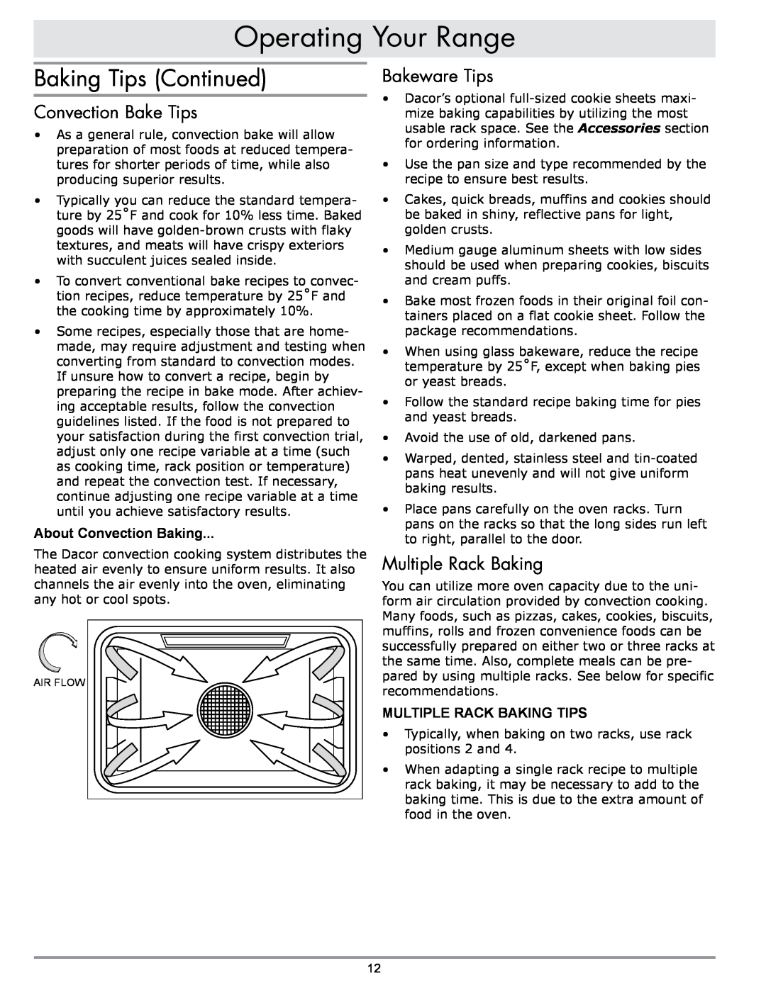 Sears ER30GI Baking Tips Continued, Convection Bake Tips, Bakeware Tips, Multiple Rack Baking, About Convection Baking 