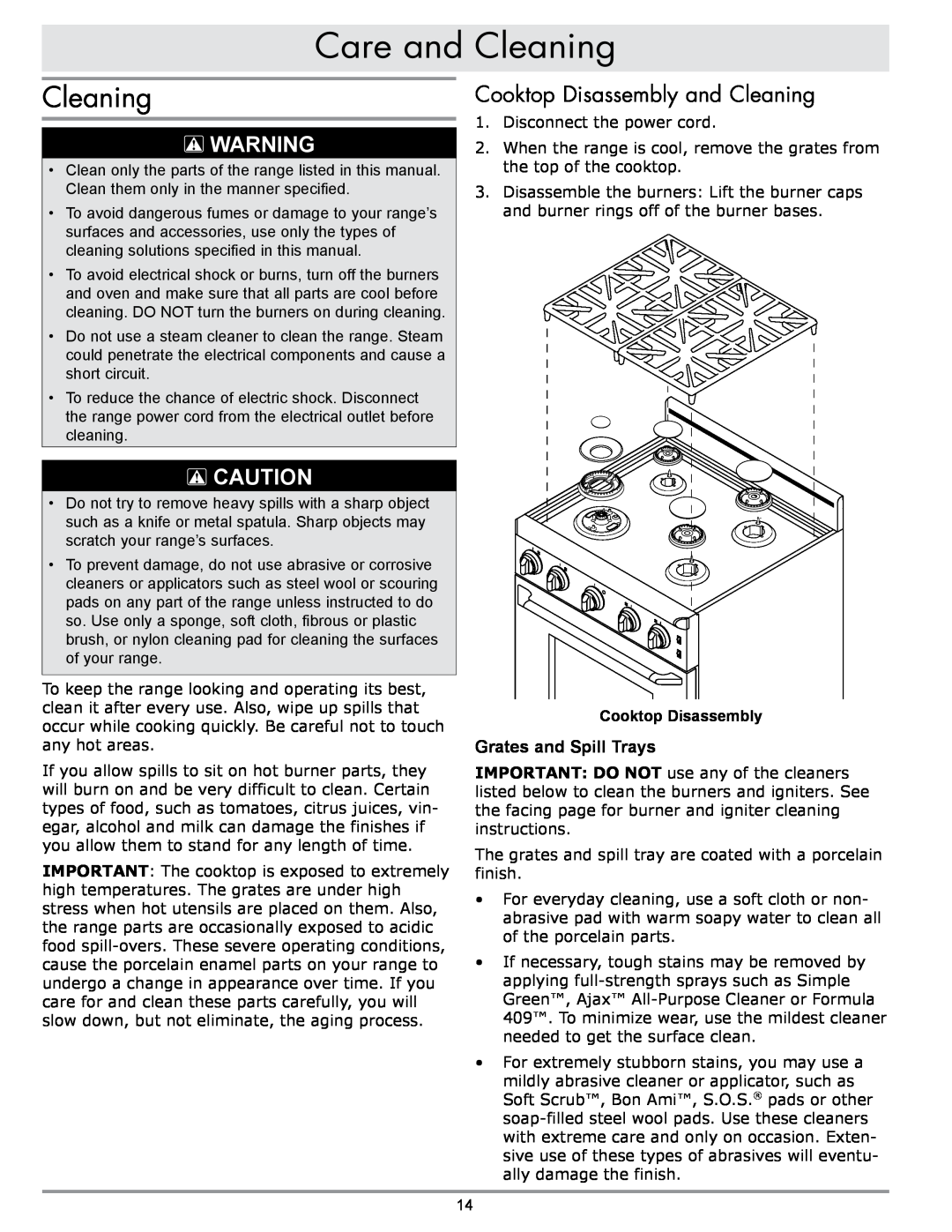 Sears ER30GI manual Care and Cleaning, Cooktop Disassembly and Cleaning, Grates and Spill Trays 