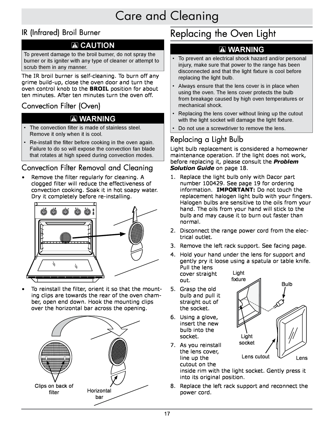 Sears ER30GI manual Replacing the Oven Light, IR Infrared Broil Burner, Convection Filter Oven, Replacing a Light Bulb 