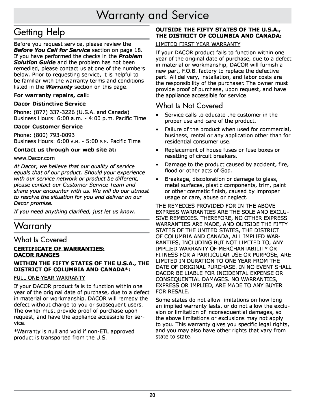 Sears ER30GI manual Warranty and Service, Getting Help, What Is Covered, What Is Not Covered, Dacor Customer Service 