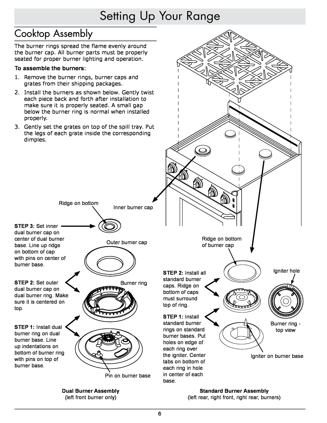Sears ER30GI manual Setting Up Your Range, Cooktop Assembly, To assemble the burners, Dual Burner Assembly 