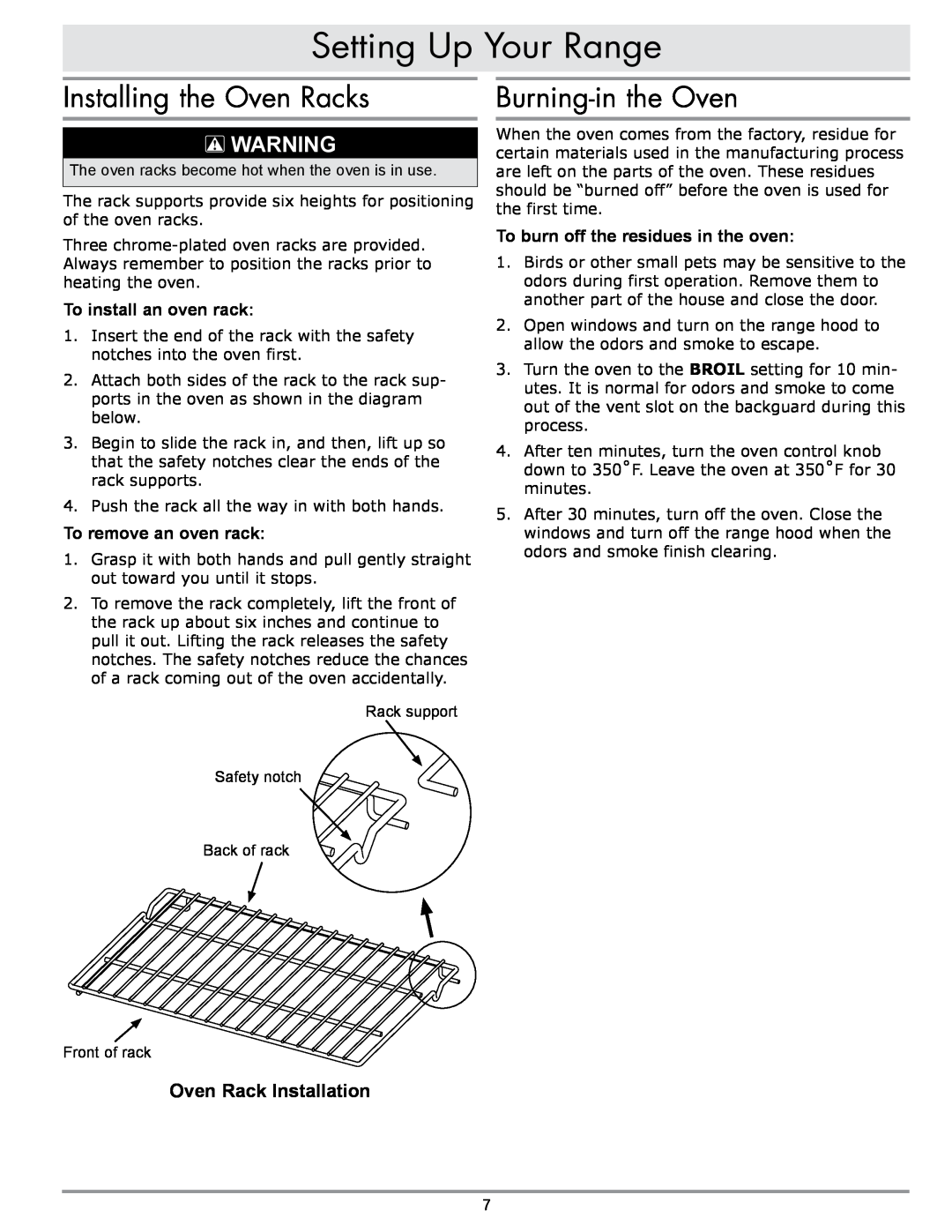 Sears ER30GI manual Installing the Oven Racks, Burning-in the Oven, To install an oven rack, To remove an oven rack 