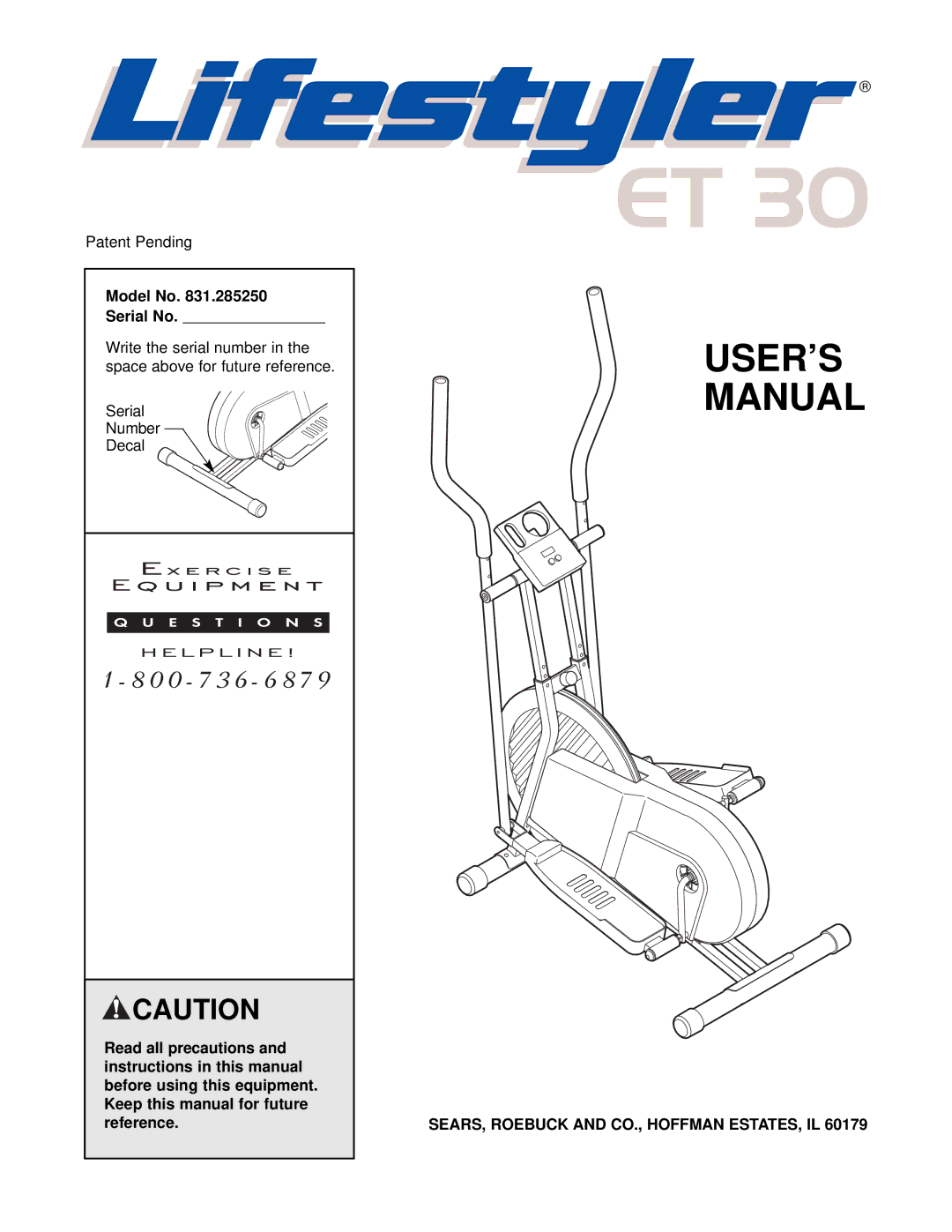 Sears ET 30 user manual USER’S Manual, SEARS, Roebuck and CO., Hoffman ESTATES, IL 