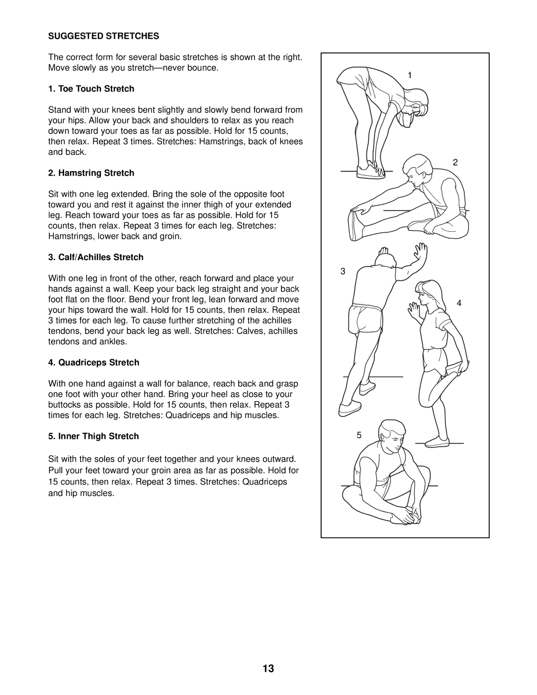 Sears ET 30 user manual Suggested Stretches, Toe Touch Stretch 