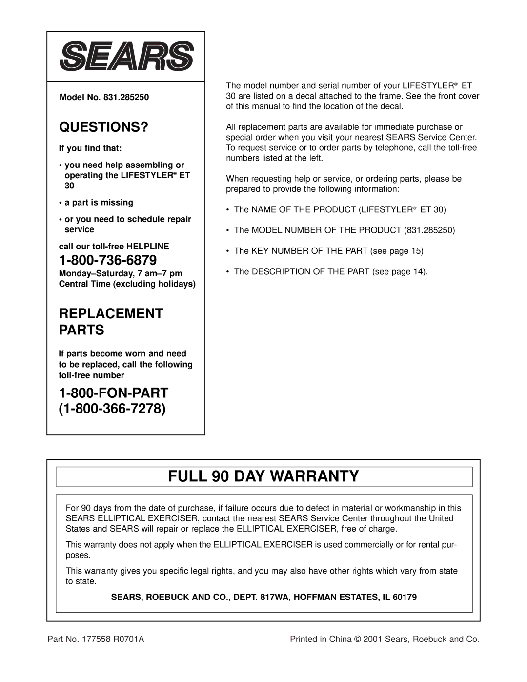 Sears ET 30 user manual Full 90 DAY Warranty, SEARS, Roebuck and CO., Dept WA, Hoffman ESTATES, IL 