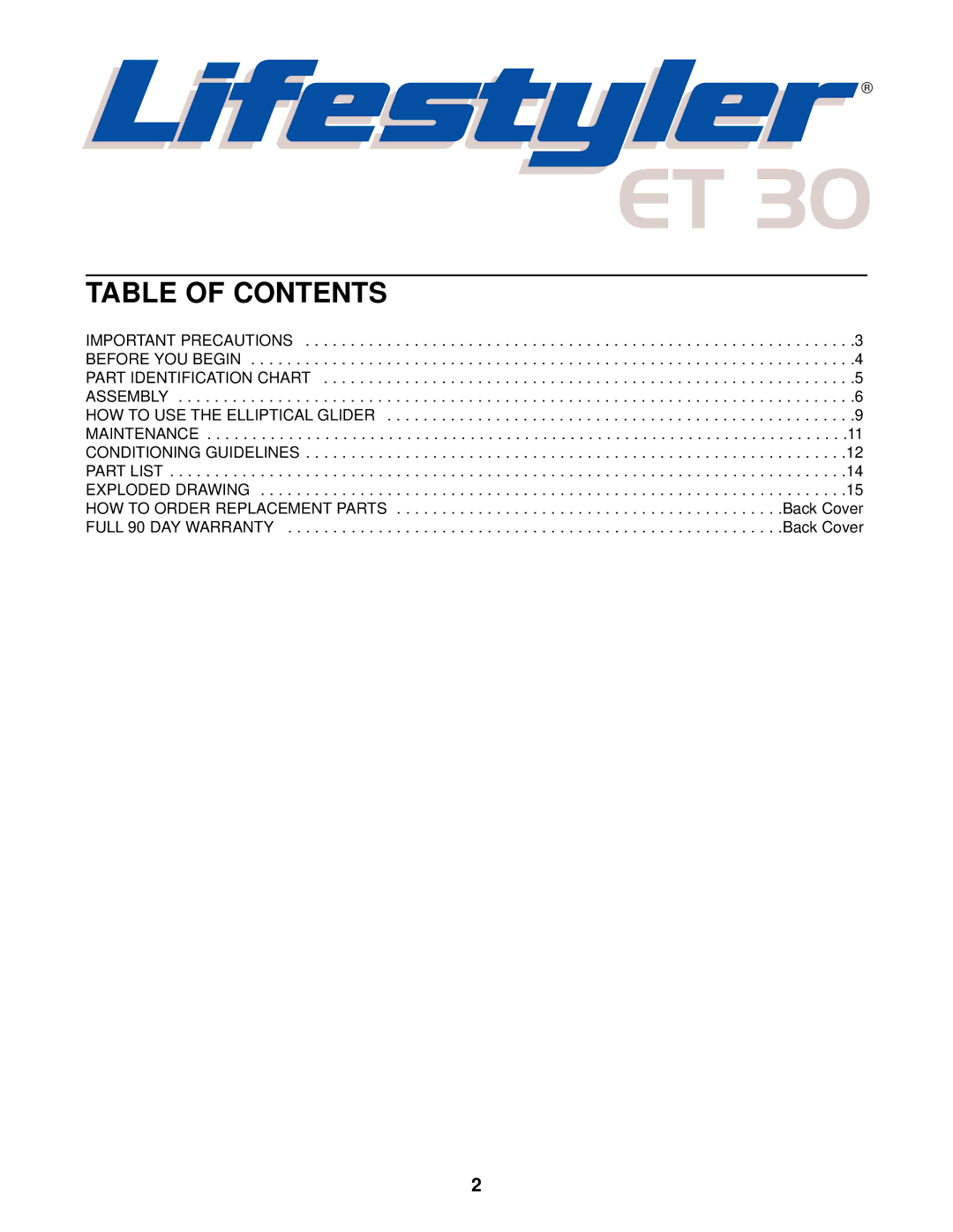 Sears ET 30 user manual Table of Contents 