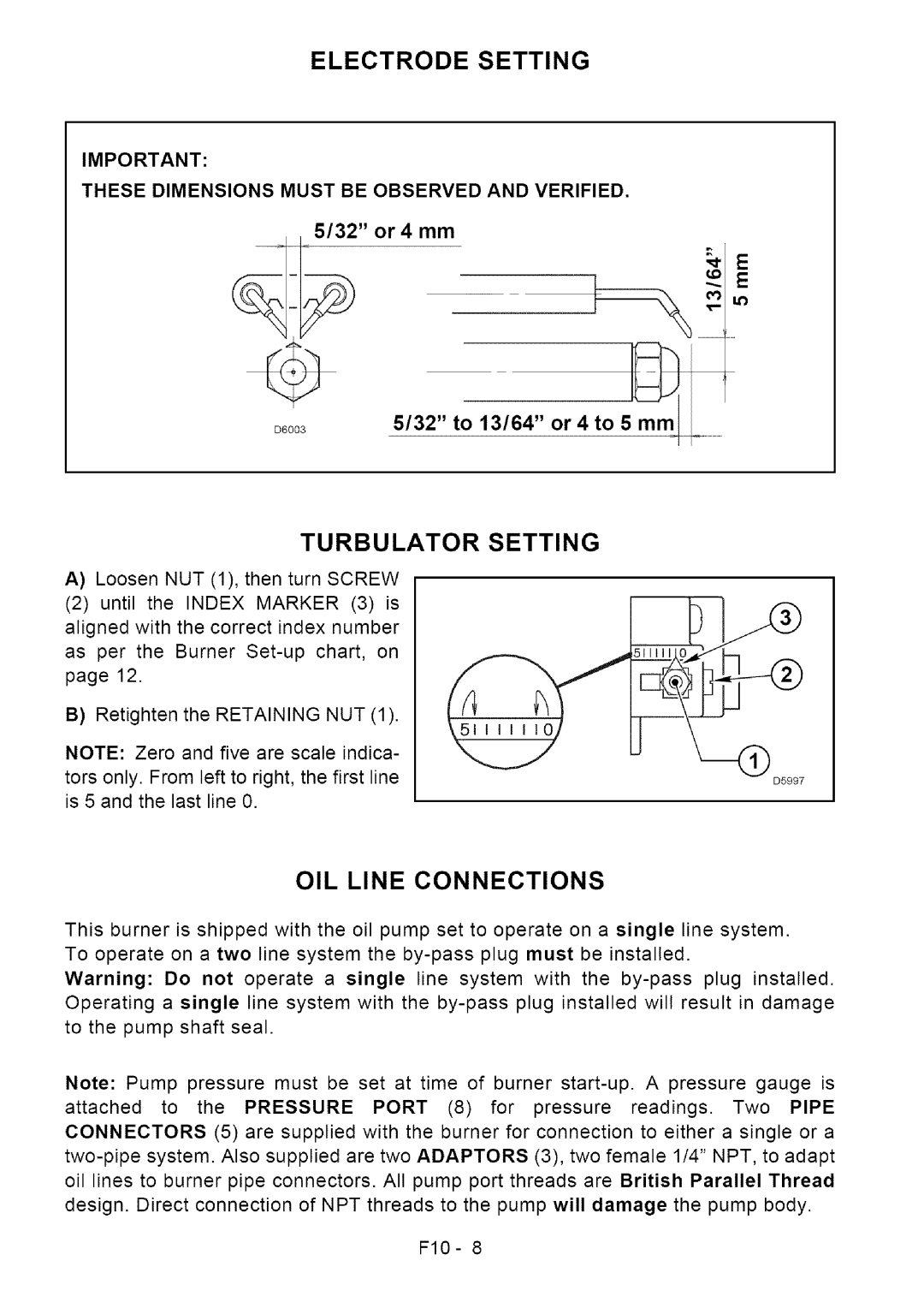 Sears F10 installation manual Electrode Setting, Turbulator Setting, OIL Line Connections 