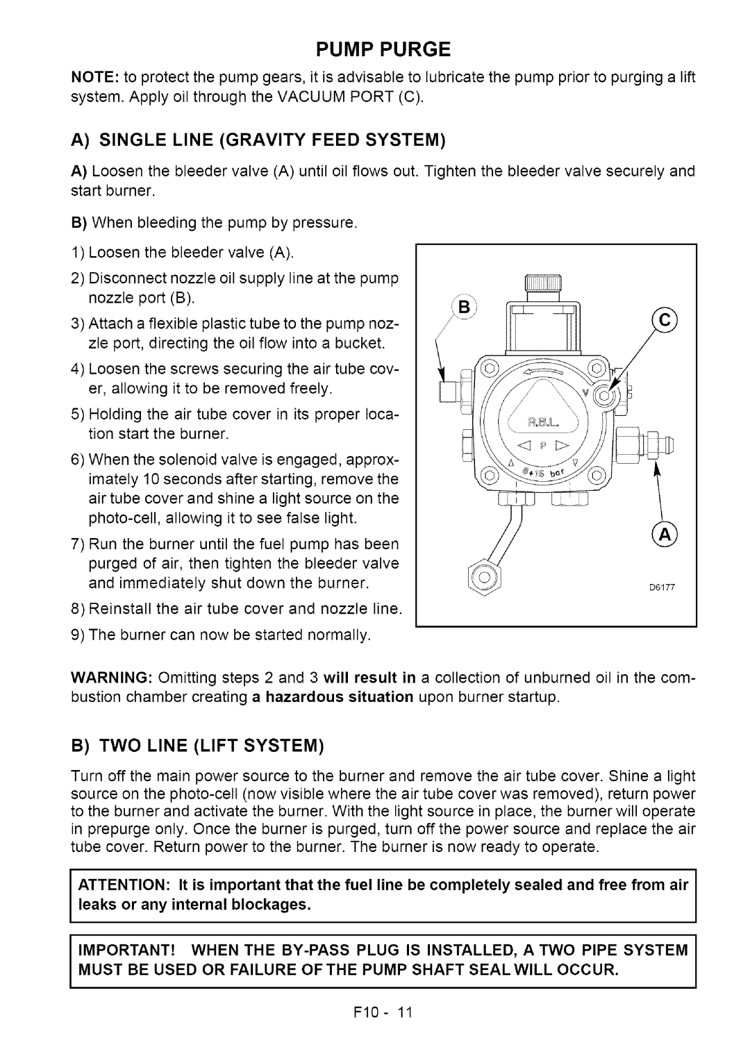 Sears F10 installation manual Pump Purge 