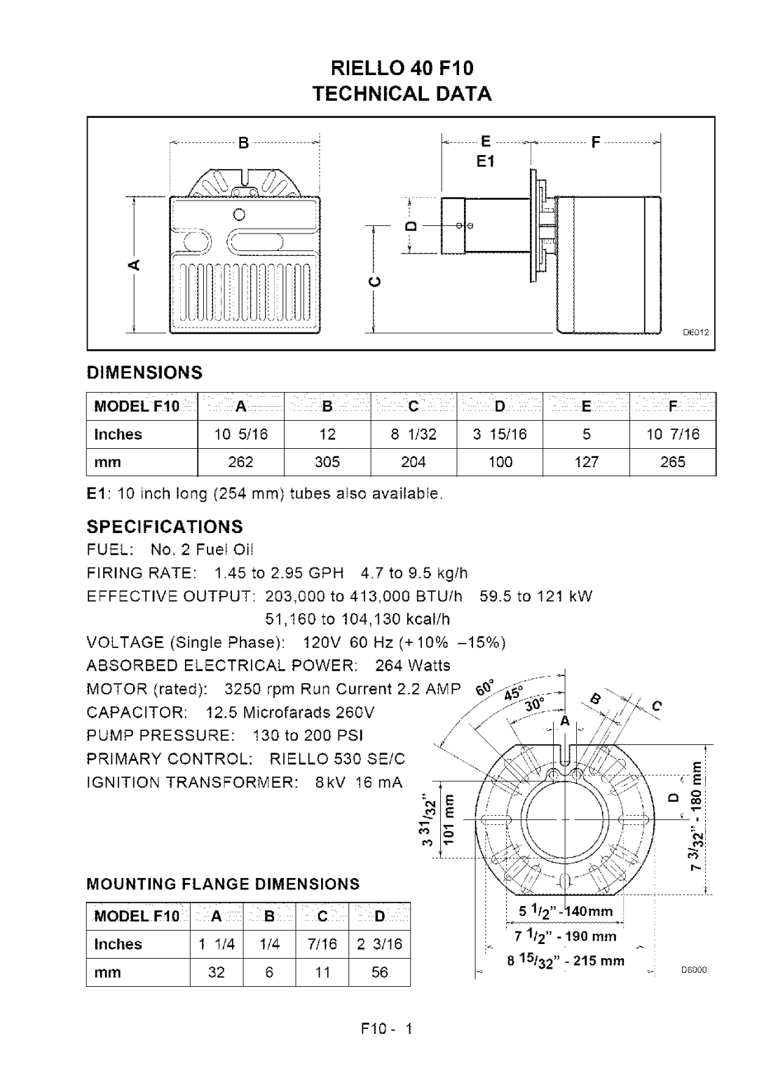 Sears installation manual Riello 40 F10 Technical Data, Specifications, Mounting Flange Dimensions Model F10 