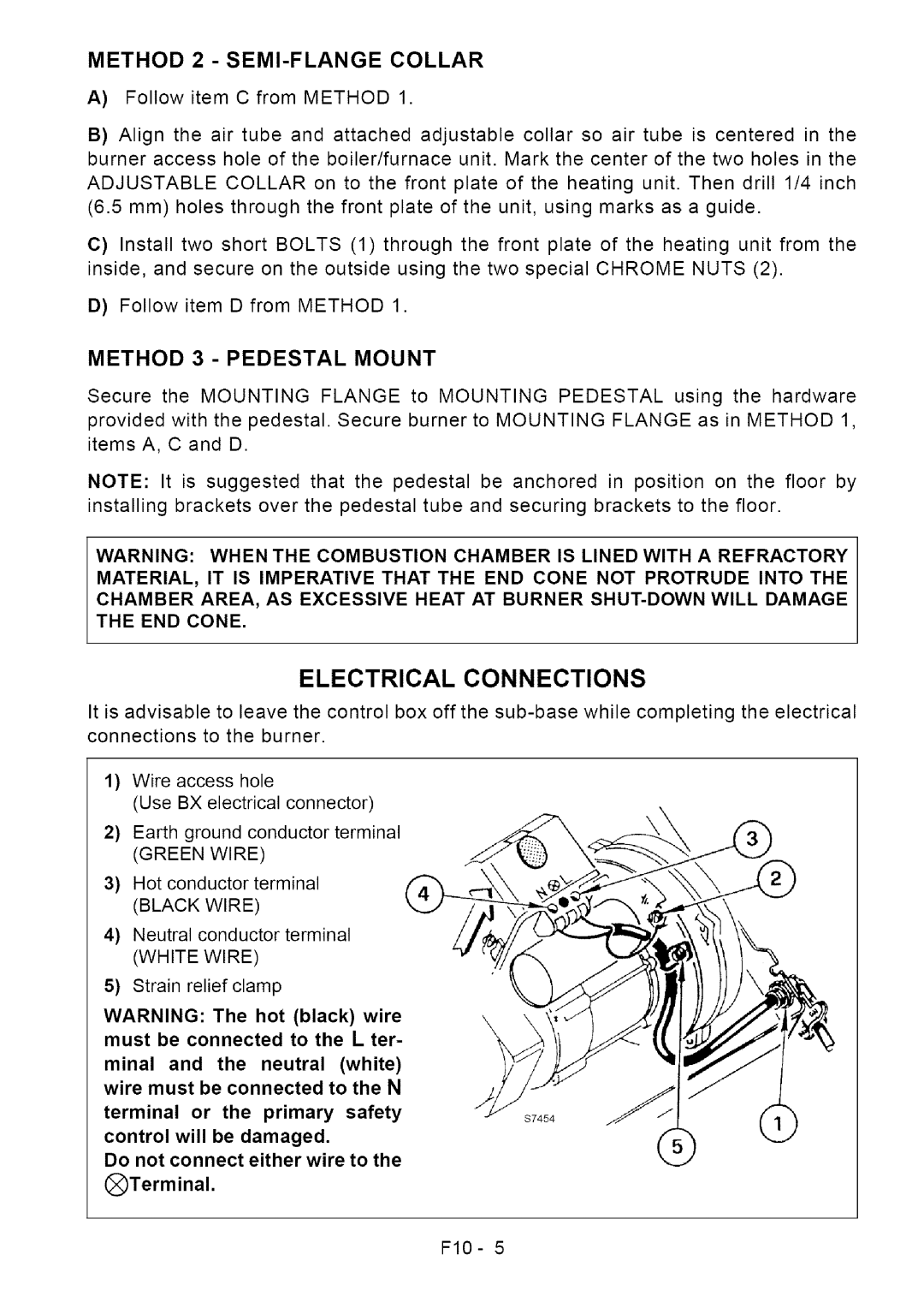 Sears F10 installation manual Electrical Connections, Method 2 SEMI-FLANGE Collar, Method 3 Pedestal Mount 