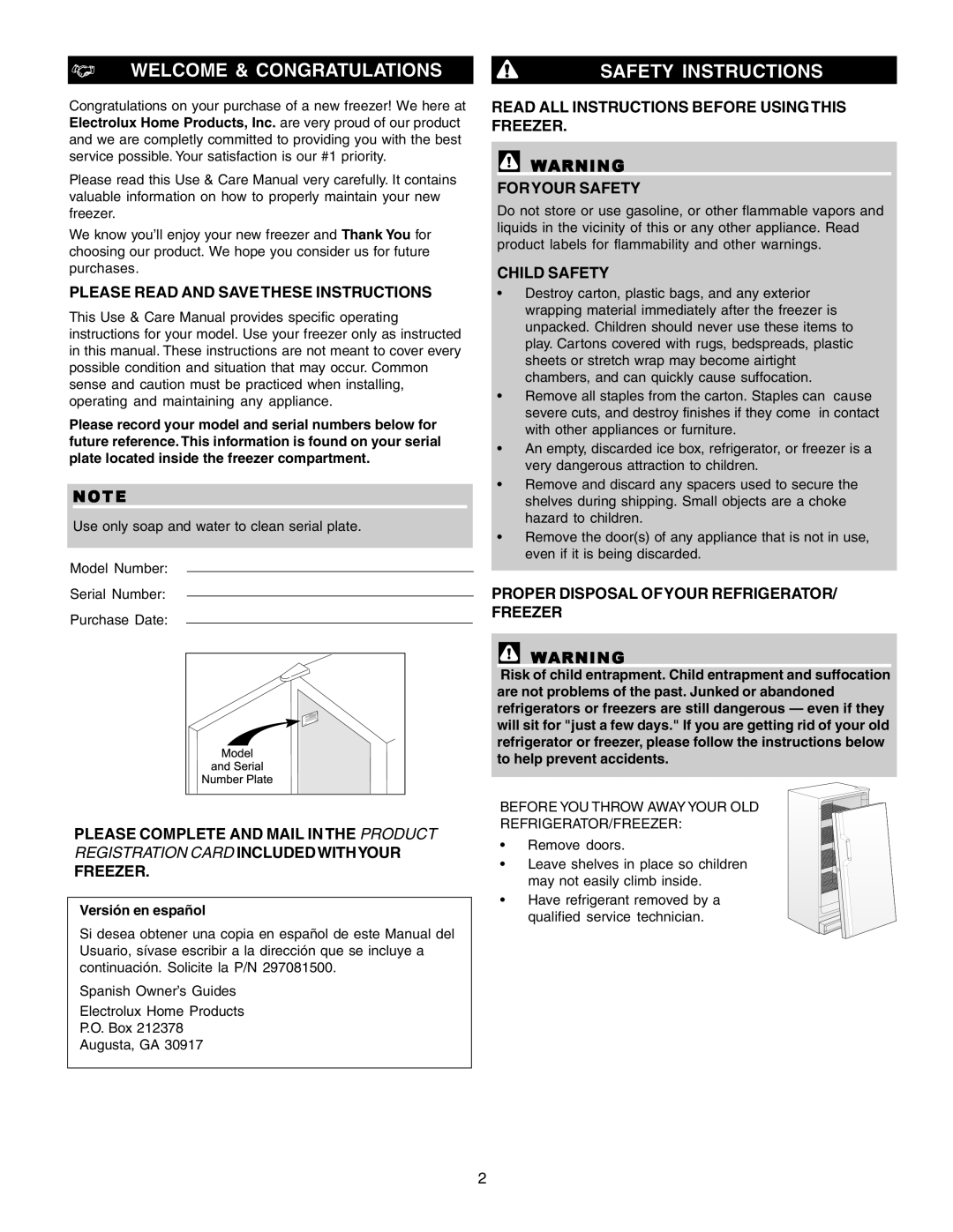 Sears Freezer Single-Door warranty Welcome & Congratulations, Safety Instructions, Please Read and Save These Instructions 