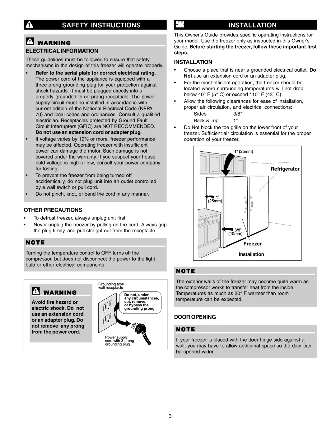 Sears Freezer Single-Door Safety Instructions Installation, Electrical Information, Other Precautions, Door Opening 