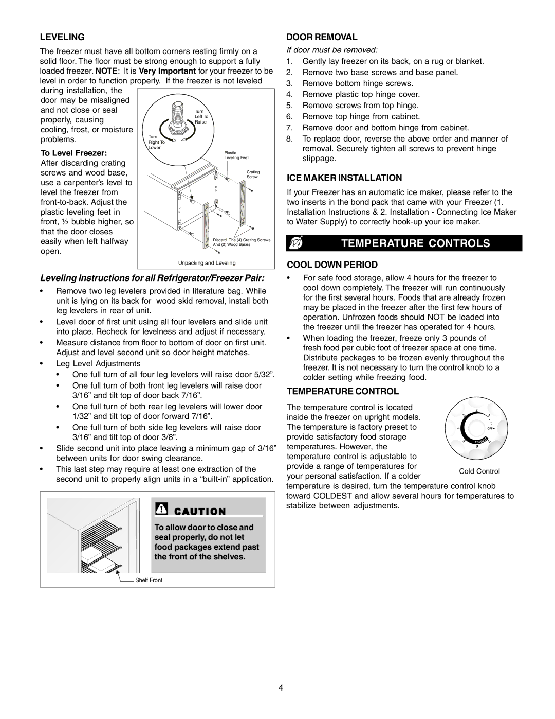 Sears Freezer Single-Door warranty Temperature Controls, Leveling Instructions for all Refrigerator/Freezer Pair 