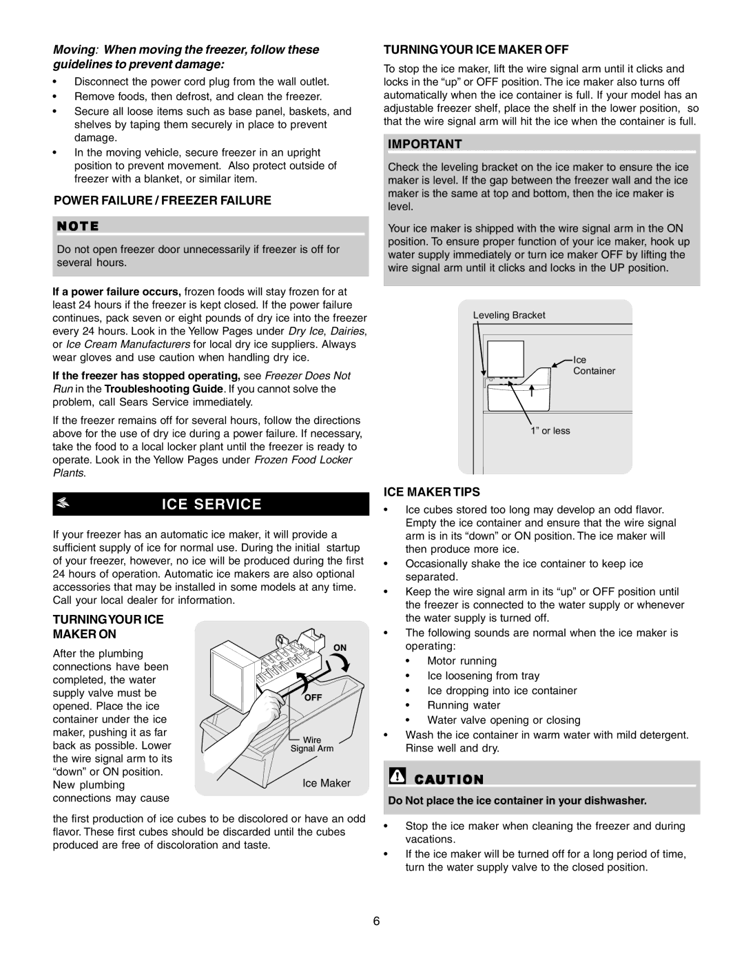 Sears Freezer Single-Door warranty ICE Service, Power Failure / Freezer Failure, Turningyour ICE Maker on, ICE Maker Tips 