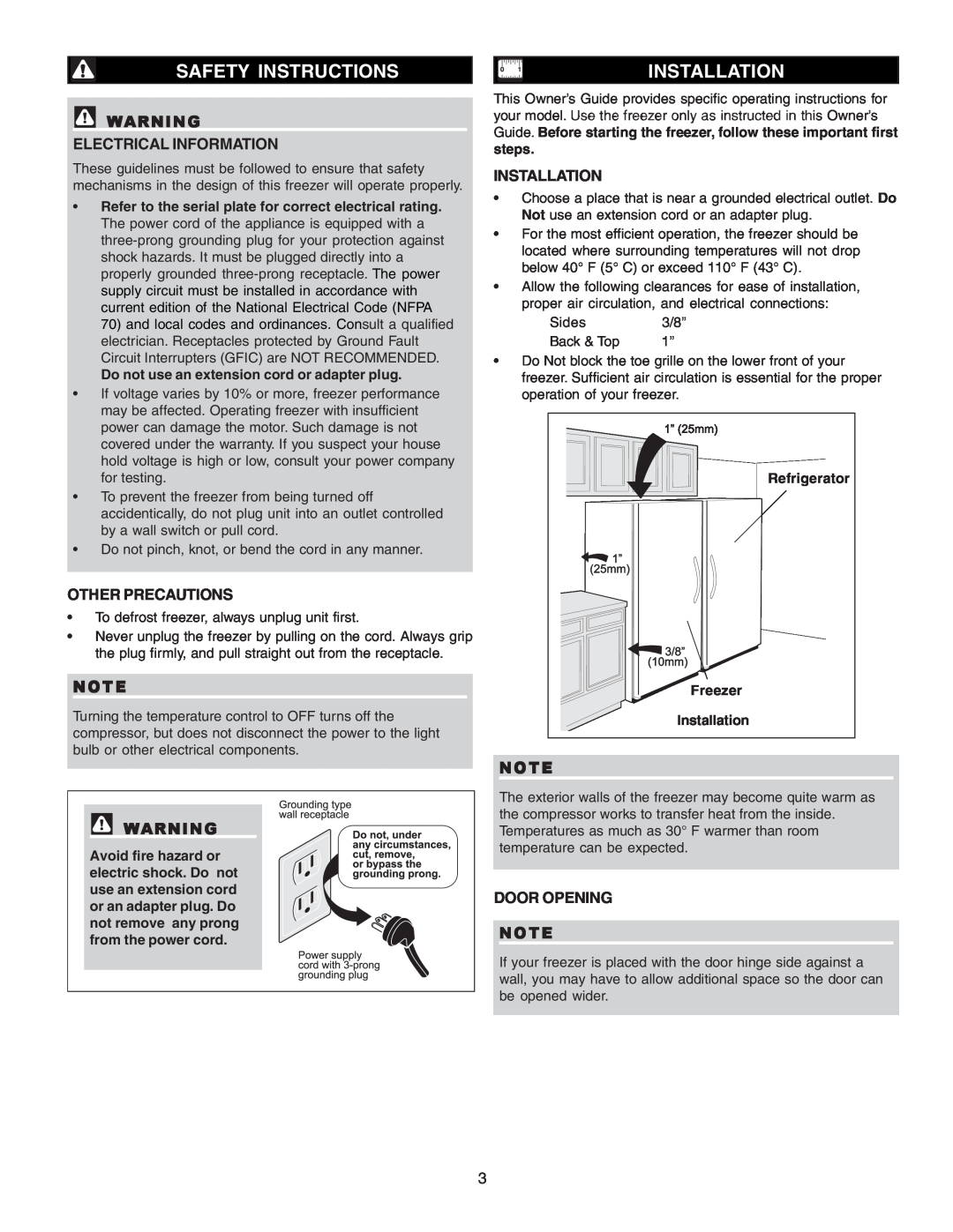 Sears Freezer Single-Door Safety Instructions, Installation, Electrical Information, Other Precautions, Door Opening 