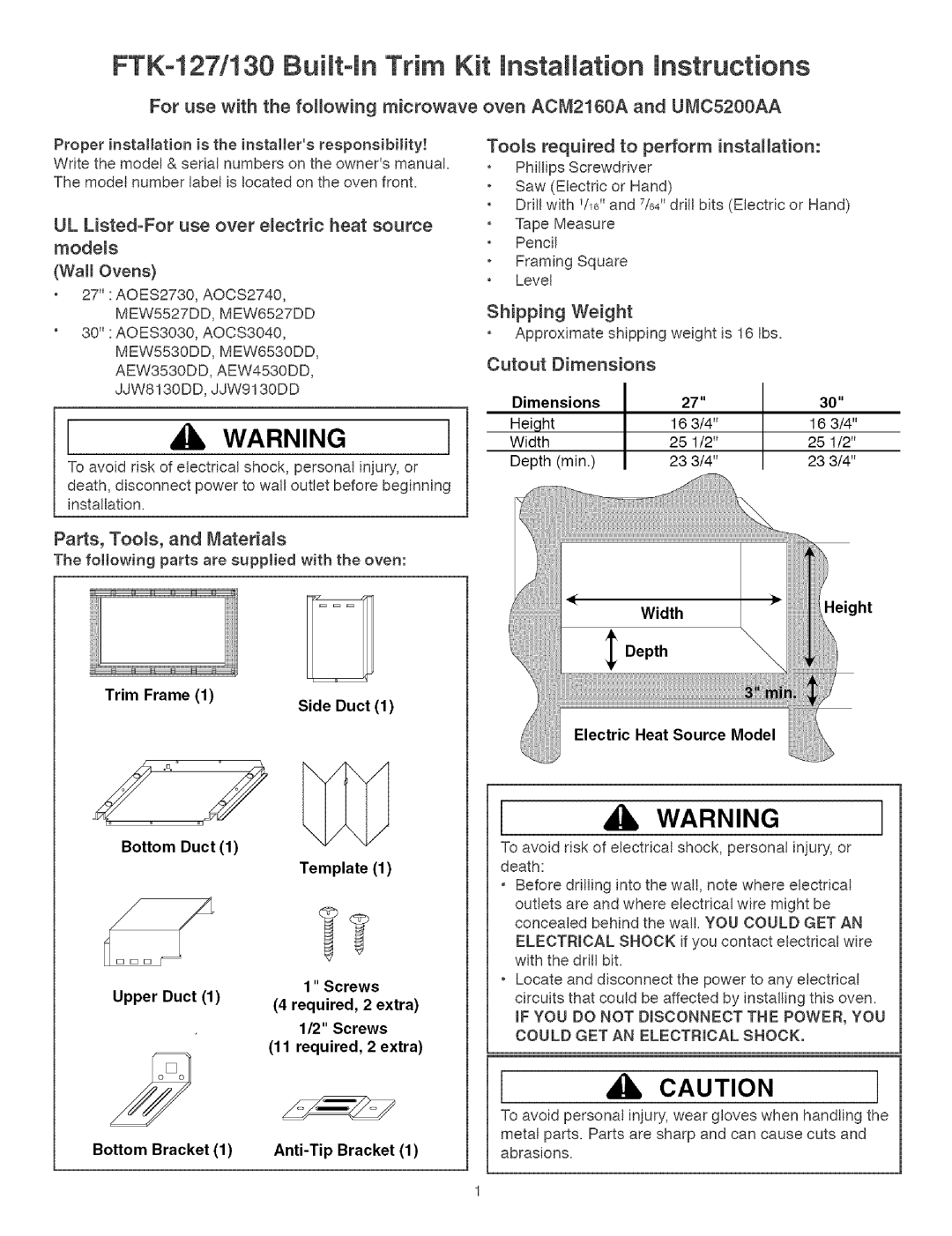 Sears FTK-130 dimensions FTK-127i130Buitt-inTrim Kit lnstaHtation instructions, Shipping Weight, Cutout Dimensions 