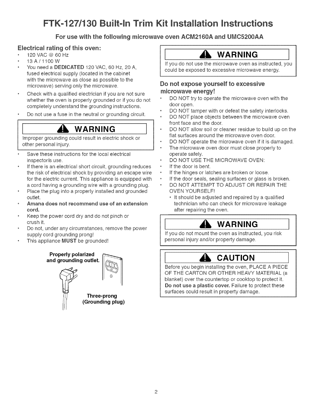 Sears FTK-130 FTK-127!130Buitt-inTrim Kit installation instructions, Do not expose yourseff to excessive Microwave energy 