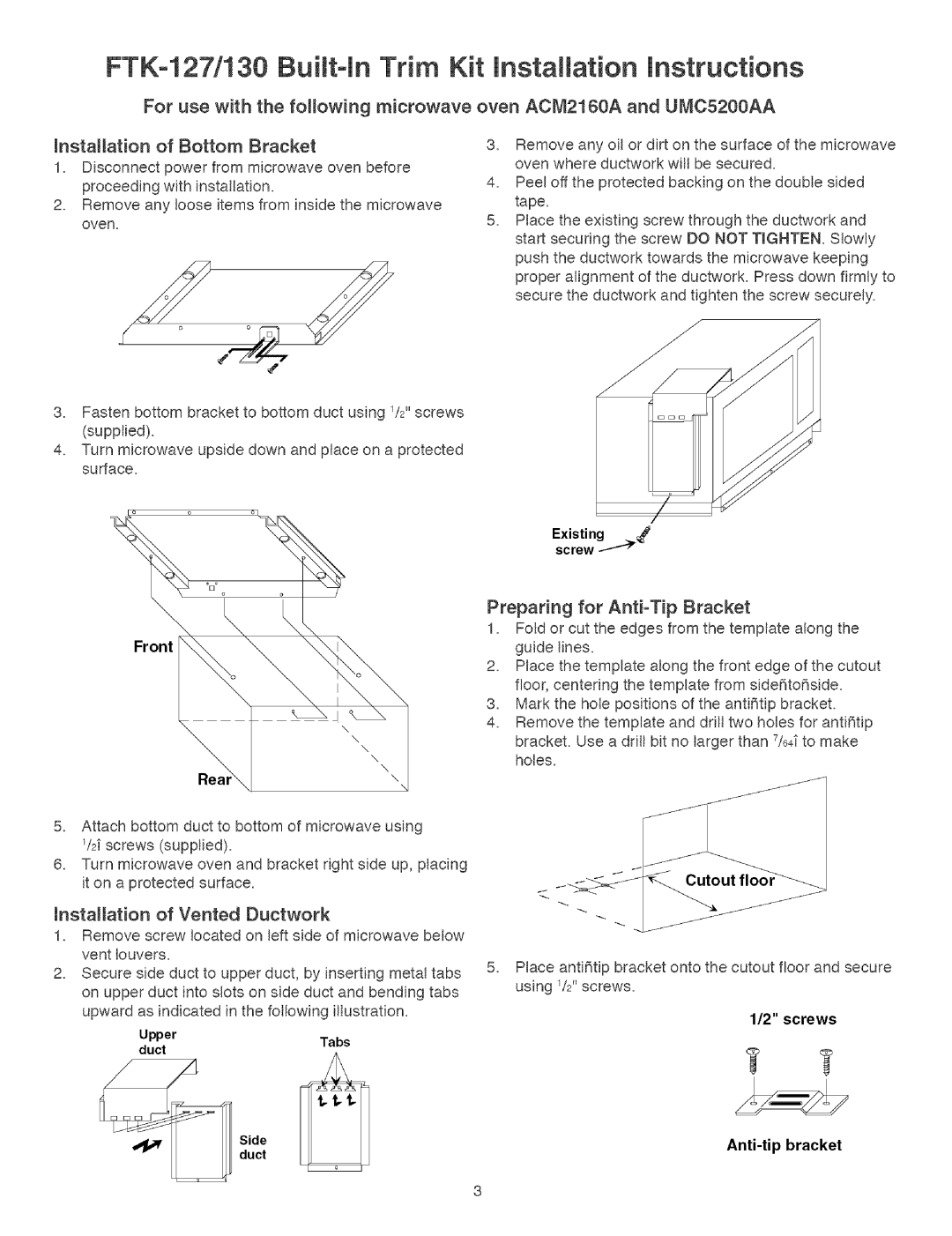 Sears FTK-127i130Buitt-inTrim Kit installation instructions, Oven ACM2160A and UMC5200AA, HetaHation of Vented Ductwork 