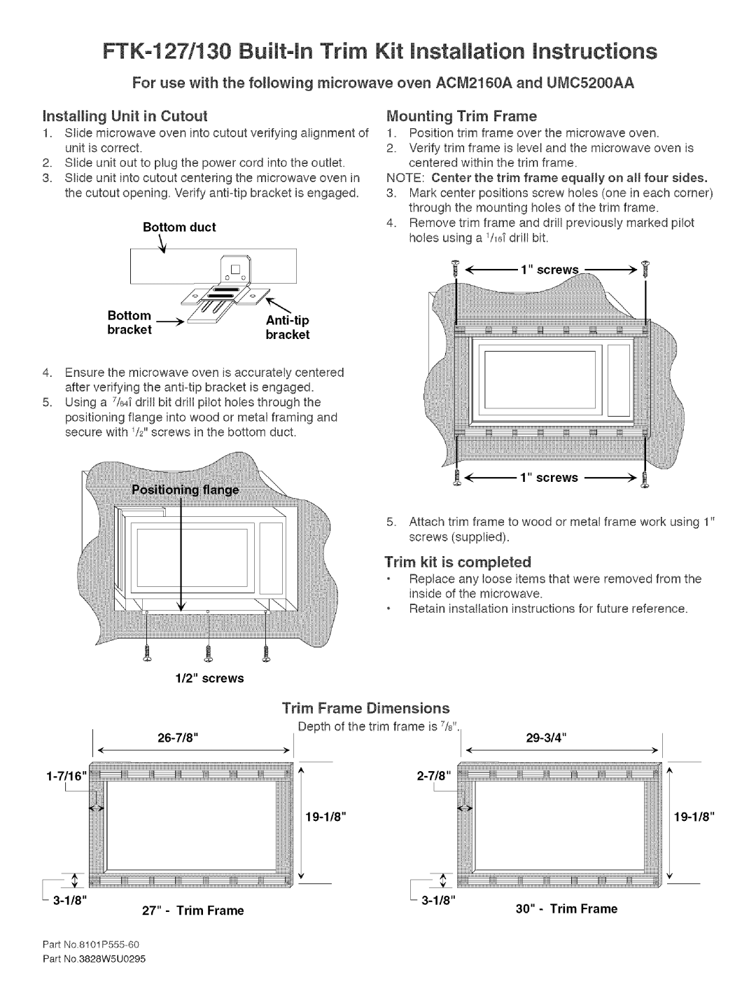 Sears FTK-130 dimensions FTK-127/130Buitt-inTrim Kit installation instructions, Mounting Trim Frame, Trim kit is completed 