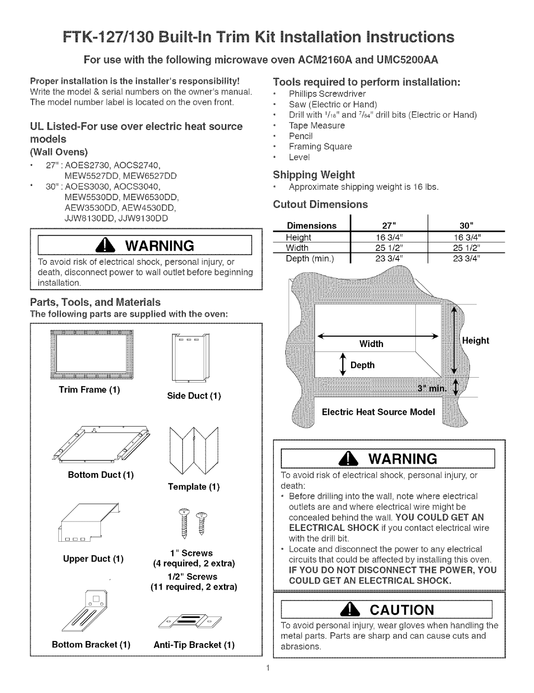 Sears FTK-127, FTK-130 dimensions Warningi, I A Warning, For use with the following microwave, oven ACM2160A and UMC5200AA 