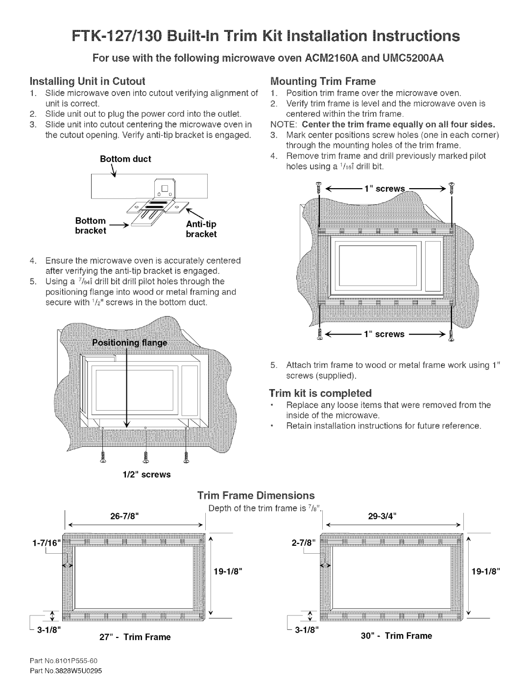 Sears FTK-130, FTK-127 dimensions hstaHing Unit in Cutout, Mounting Trim Frame, Trim kit is completed, Dimensions, Bottom 