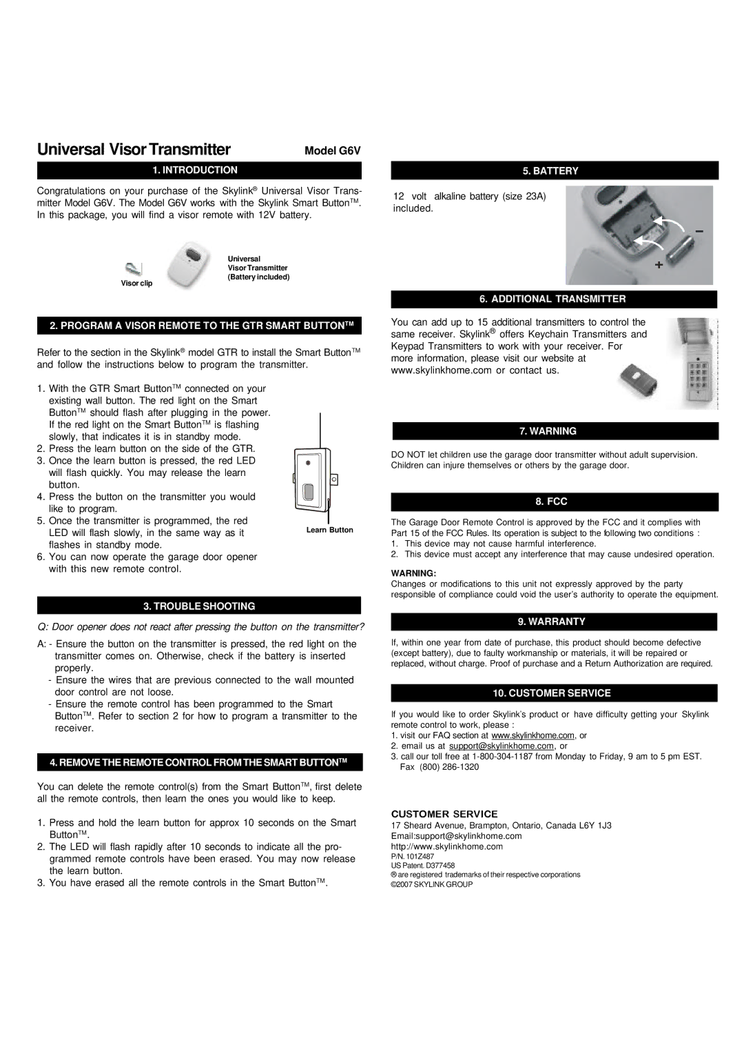 Sears G6V warranty Introduction, Program a Visor Remote to the GTR Smart Buttontm, Trouble Shooting, Battery, Warranty 