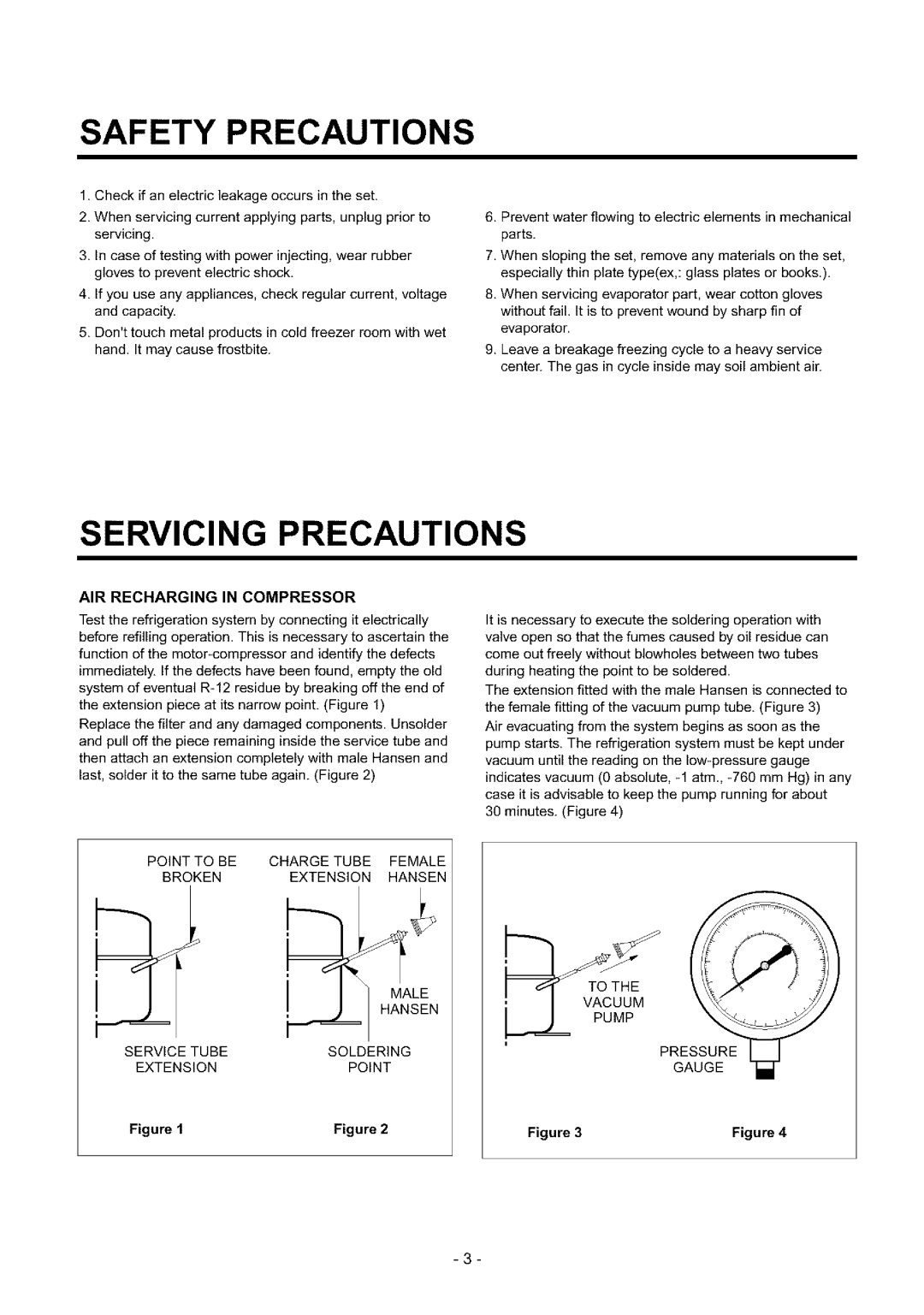Sears GR-151SF, GR-151SPF, GR-131SF, GR-051SF manual Safety Precautions, Servicing Precautions, Air Recharging In Compressor 
