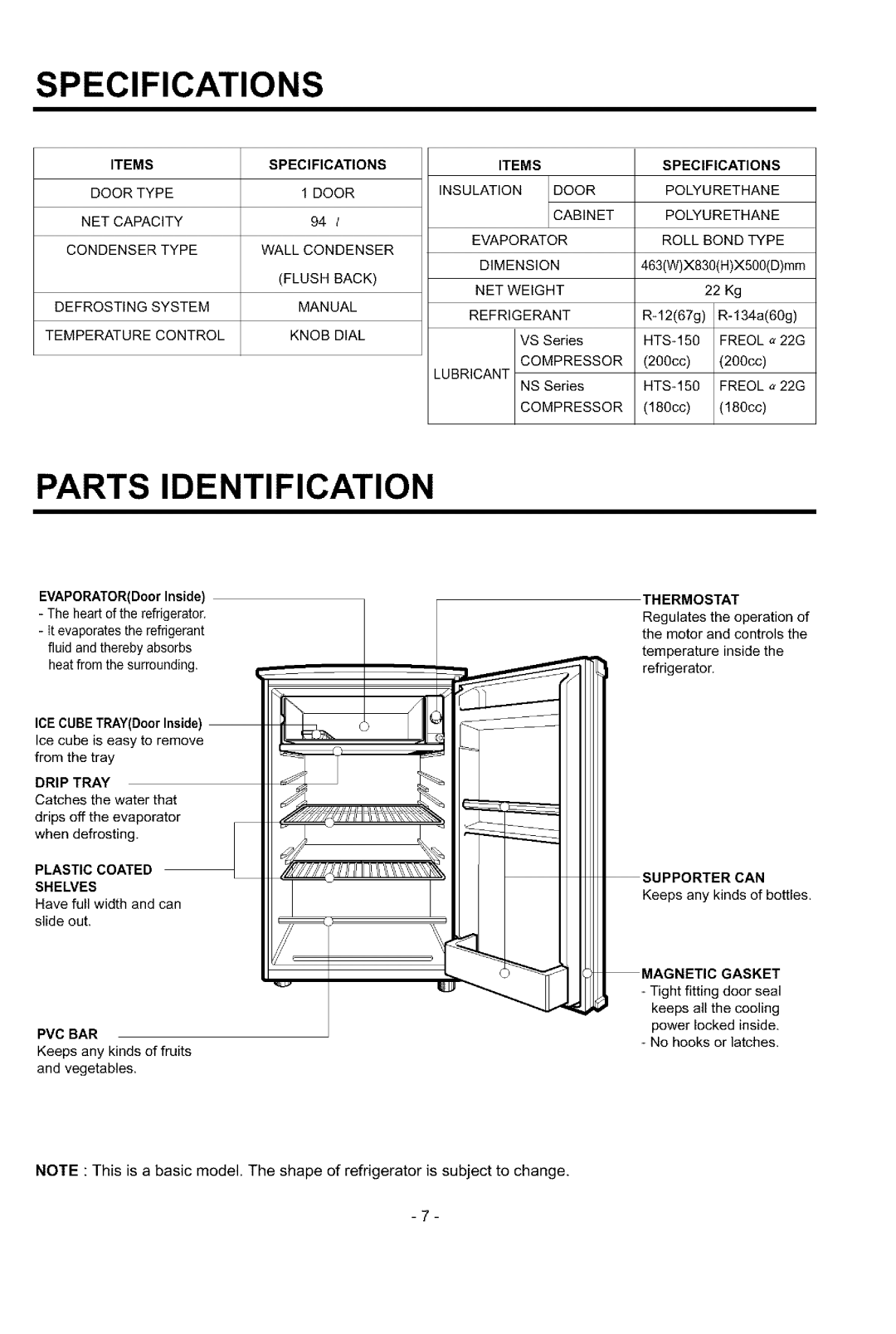 Sears GR-151SPF Specifications, Parts Identification, Items, EVAPORATORDoor Inside, Pvc Bar, Thermostat, Magnetic Gasket 