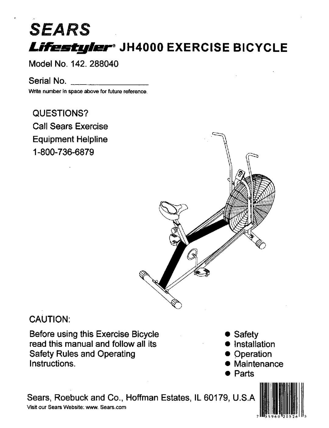 Sears 142.288040, JH4000 operating instructions Sears 