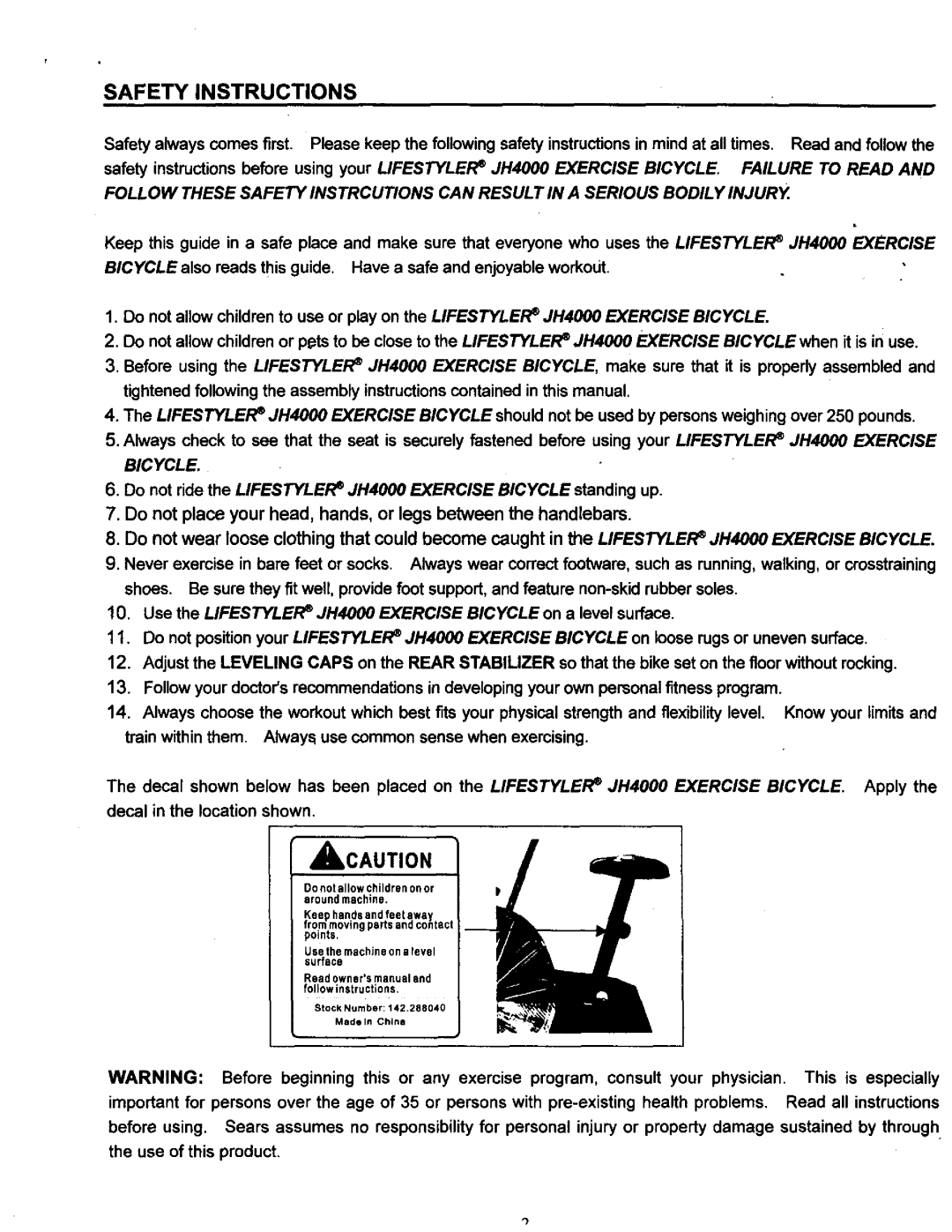 Sears JH4000, 142.288040 operating instructions Safety Instructions, Bicycle 