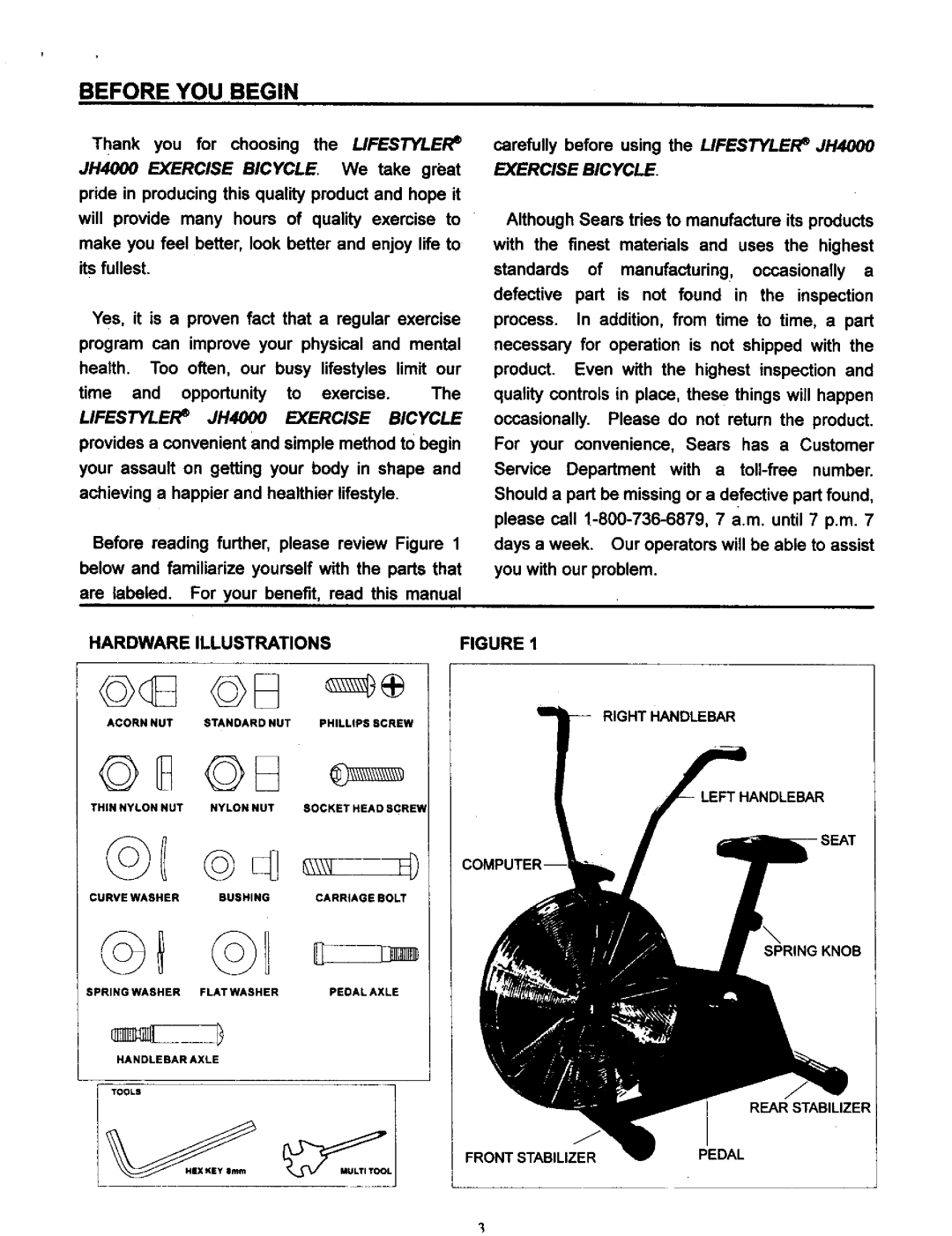 Sears 142.288040, JH4000 operating instructions Before YOU Begin, Hardware Illustrations, Left Handlebar 