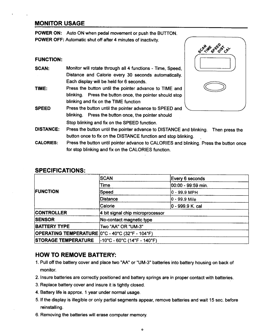 Sears JH4000, 142.288040 operating instructions Monitor Usage, Specifications, HOW to Remove Battery, Time Speed, Mph 