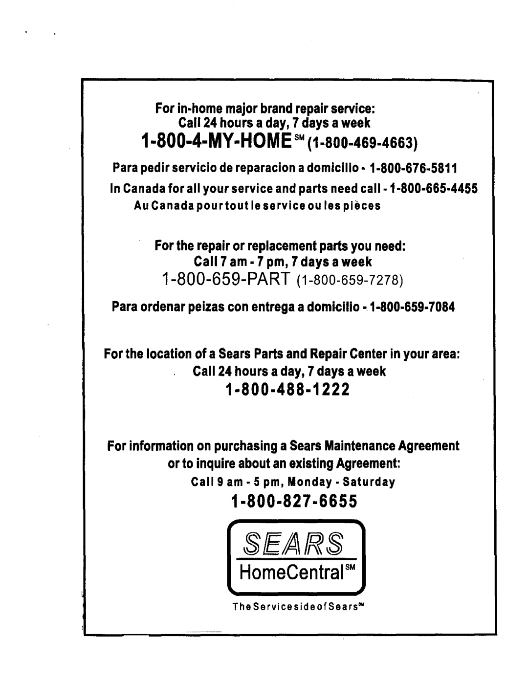Sears JH4000, 142.288040 operating instructions Sears, MY-HOMEs.1-800-469-4663, HomeCentral 