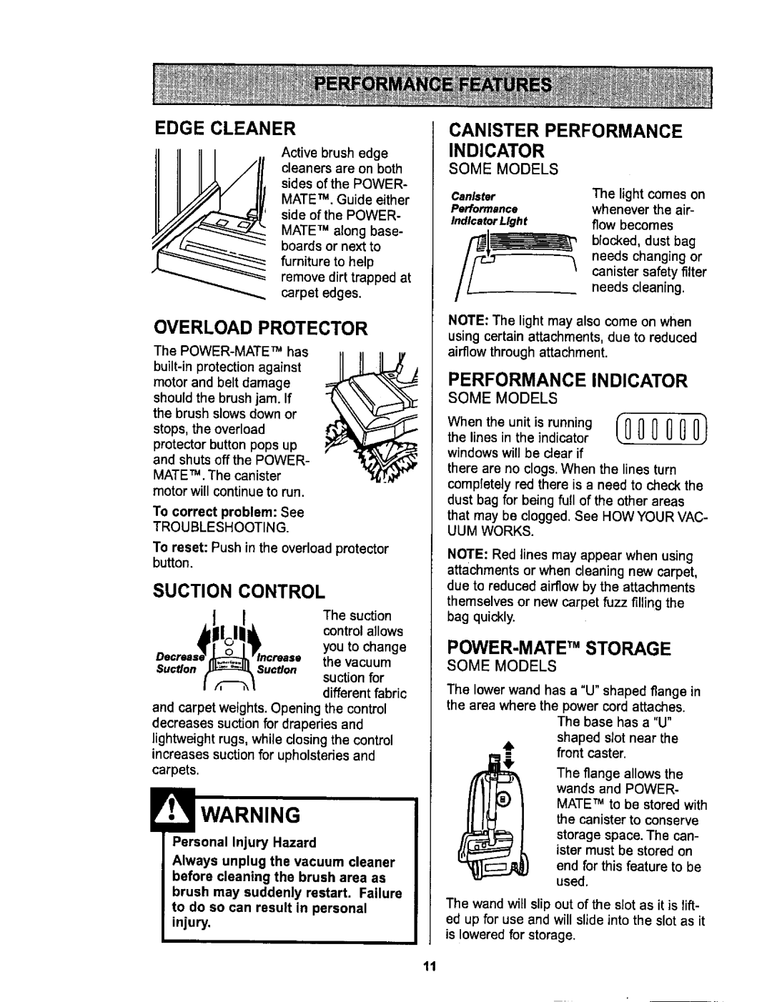 Sears L0711256 Edge Cleaner, Overload Protector, Suction Control, Canister Performance Indicator, Troubleshooting 