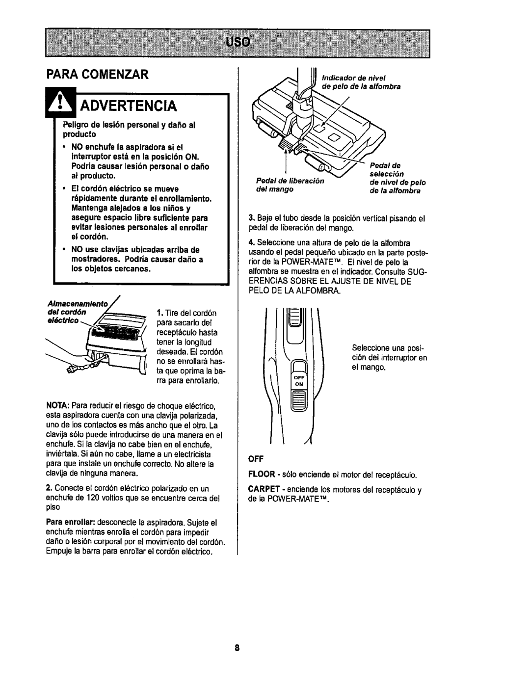 Sears L0711256 owner manual Para Comenzar, Io de la alfombra, Selecci6n, Pedal de liberaeibn, Del mango De la alfombra 