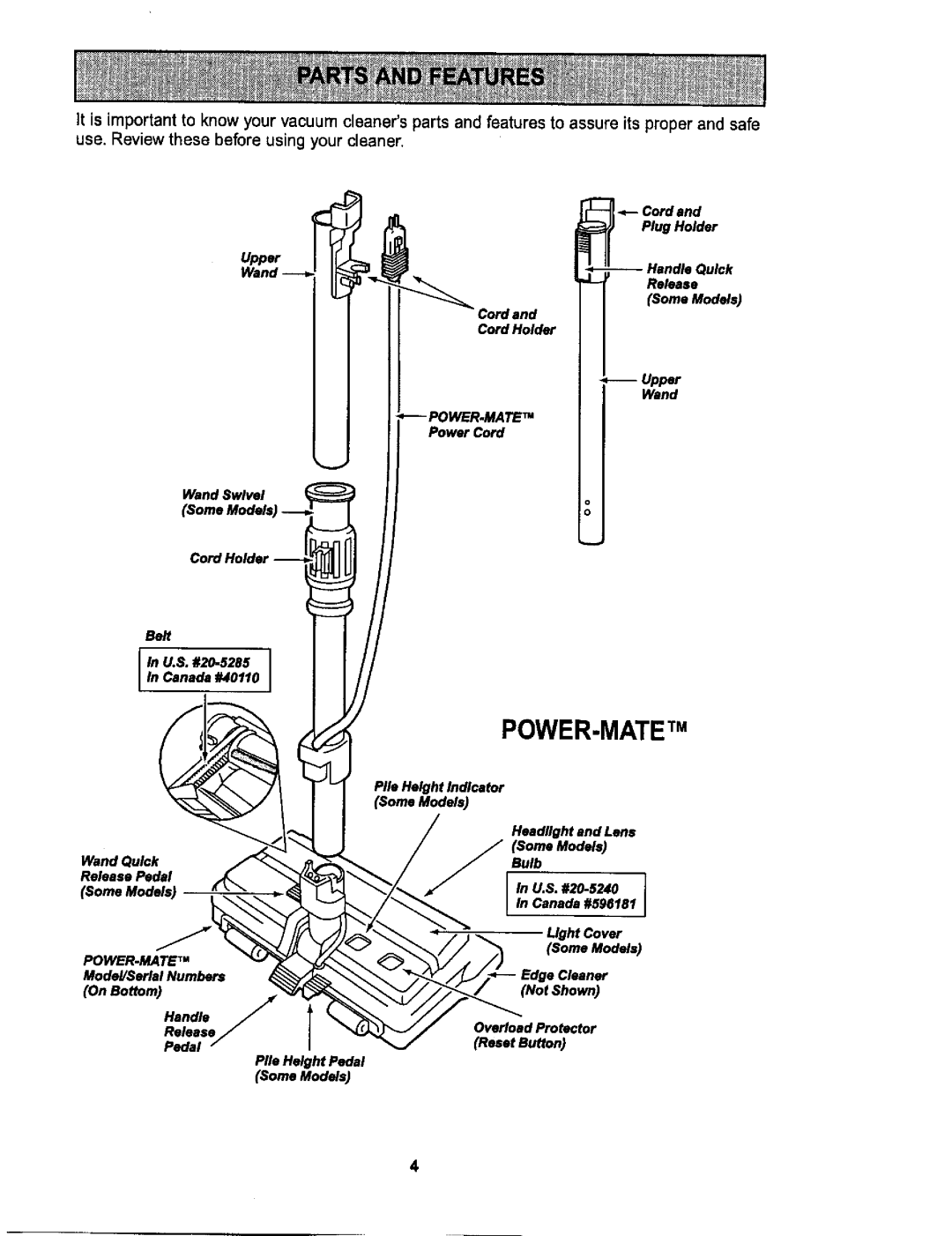 Sears L0711256 owner manual Power Cord, Pile Height Indicator, SomaModels, Pile Height Pedal, Some Models 